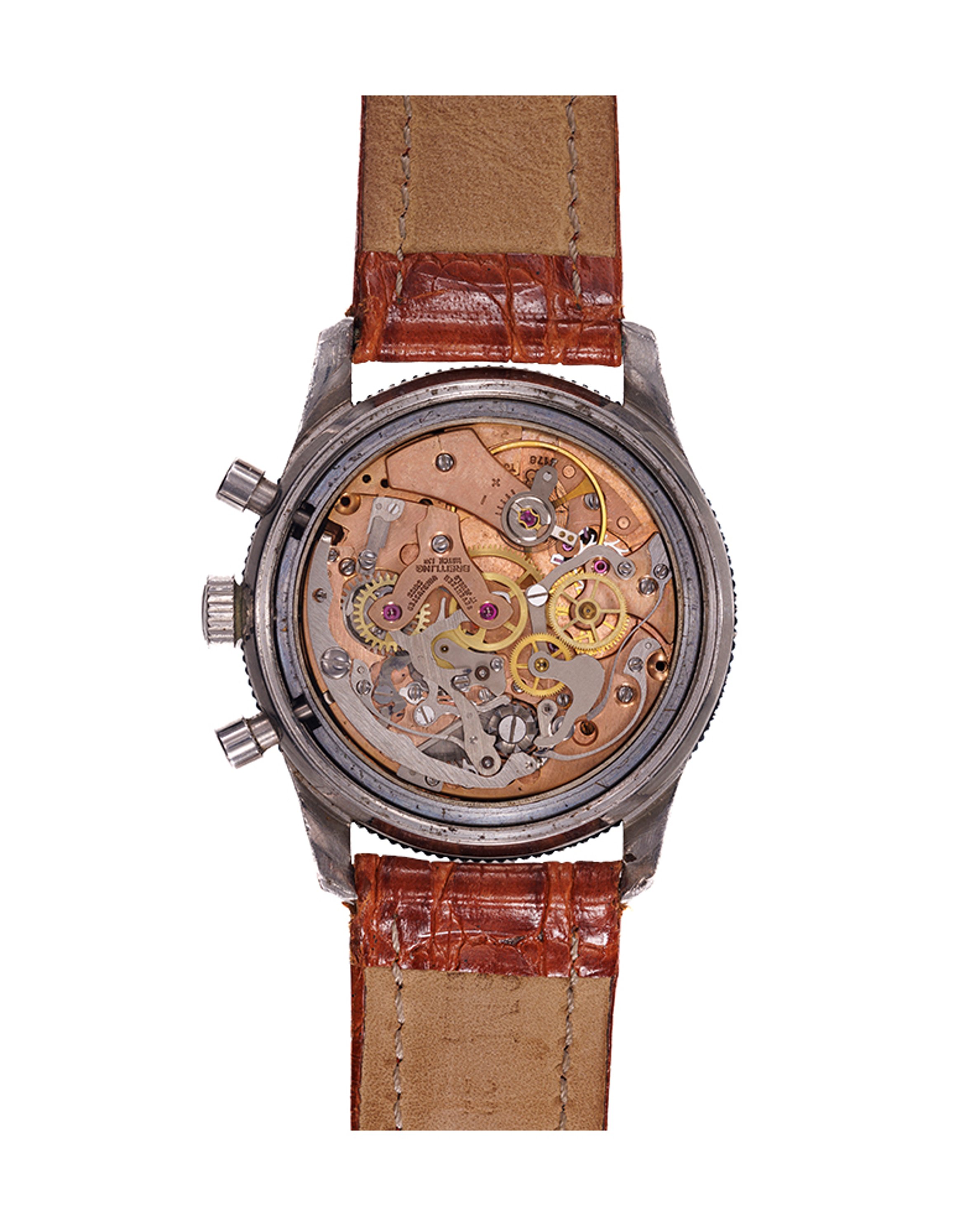 {generated} Breitling Co-Pilot watch featuring a vintage black dial, three cream subdials, and a brown leather strap viewed front-on.