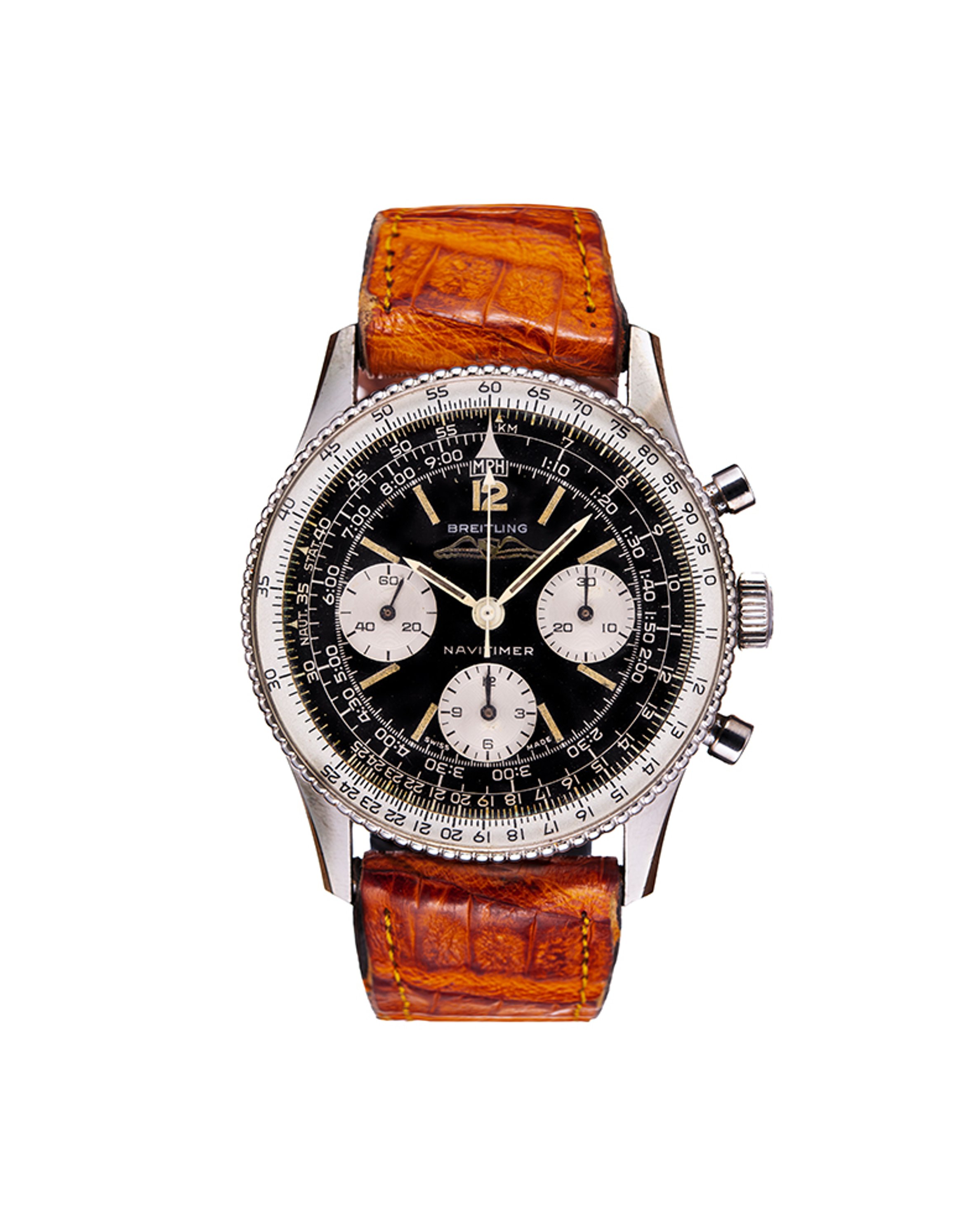 {generated} Breitling Navitimer Mk3.1 ref.806 Venus 178 with black dial, silver subdials and brown leather strap shown front-on