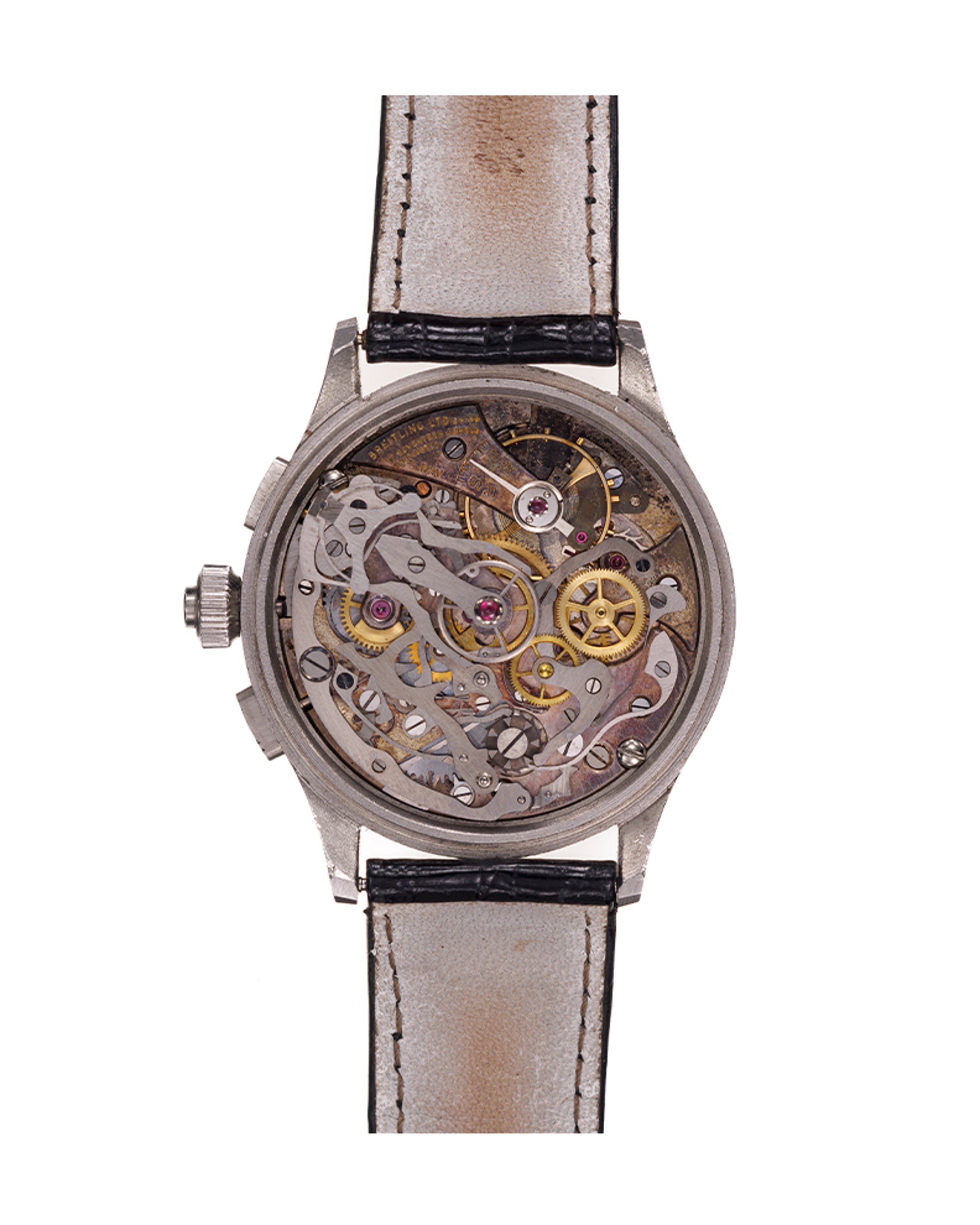 {generated} Breitling Duograph ref.762 Venus 179 with silver dial, blue hands and black leather strap in a detailed product view