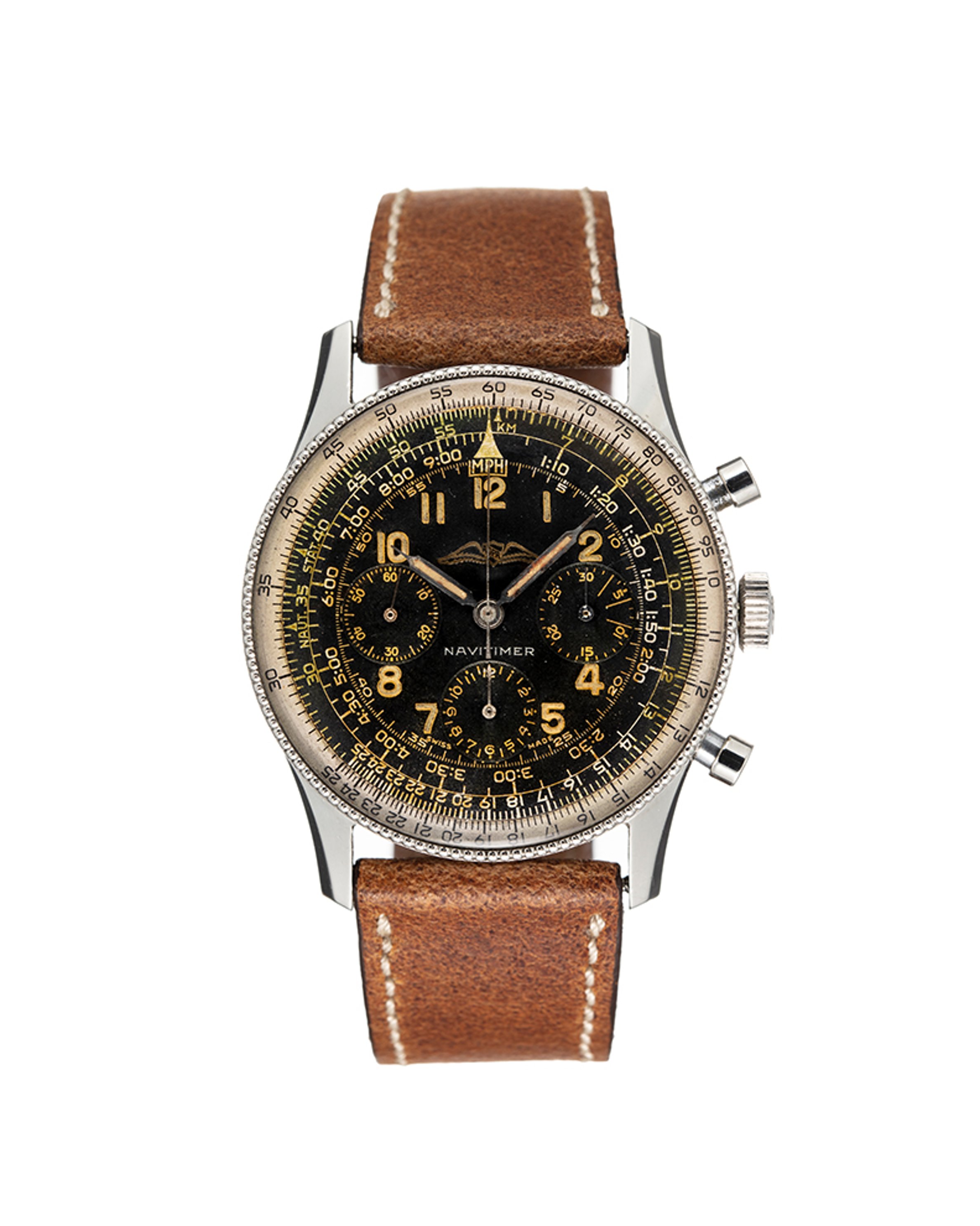 {generated} Vintage Breitling Navitimer Mk1.3 Valjoux 72 shown with black detailed dial and brown leather strap against white