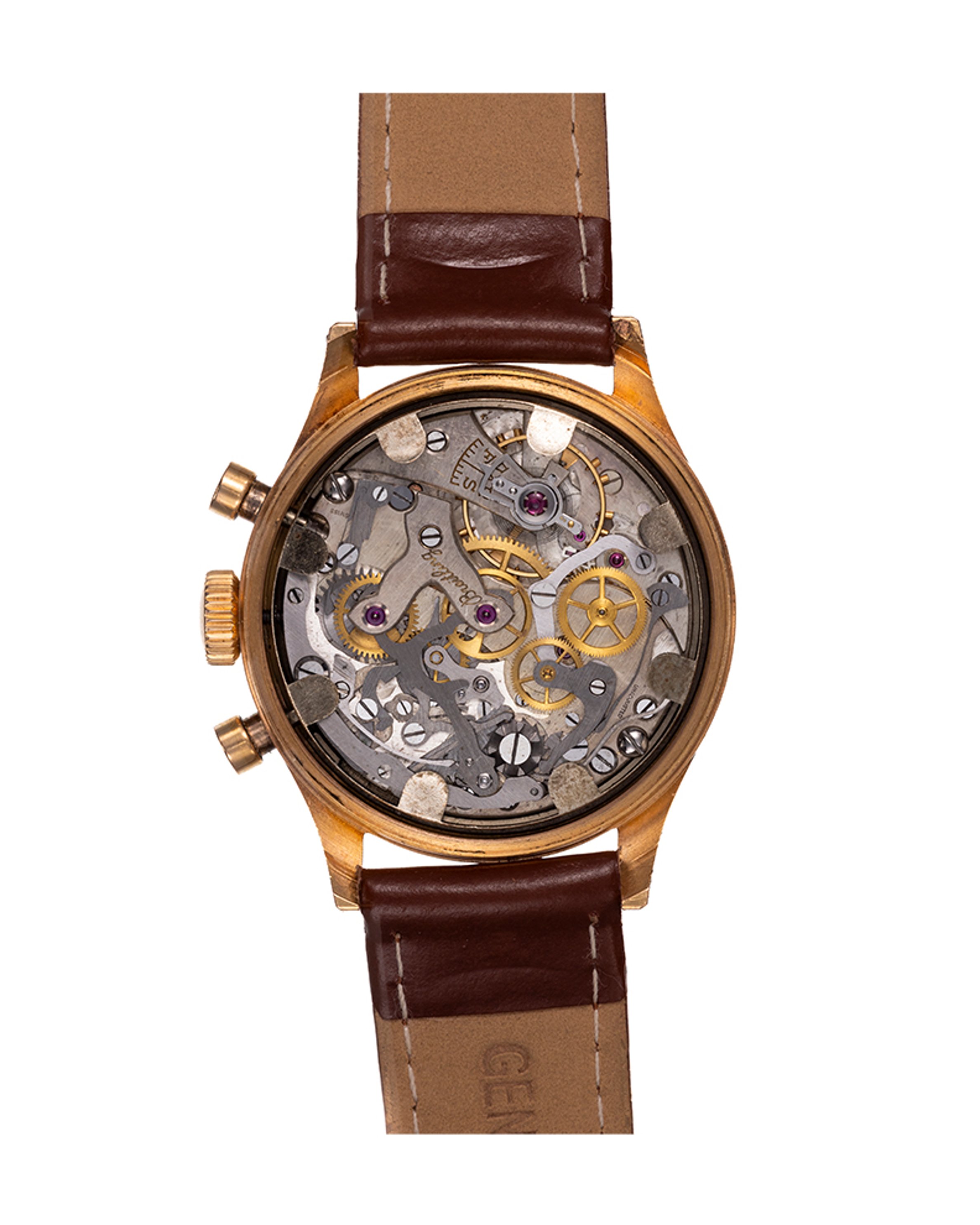 {generated} Breitling Premier ref.790 Venus 150 watch with a gold case, cream dial and brown leather strap shown in a centred view.