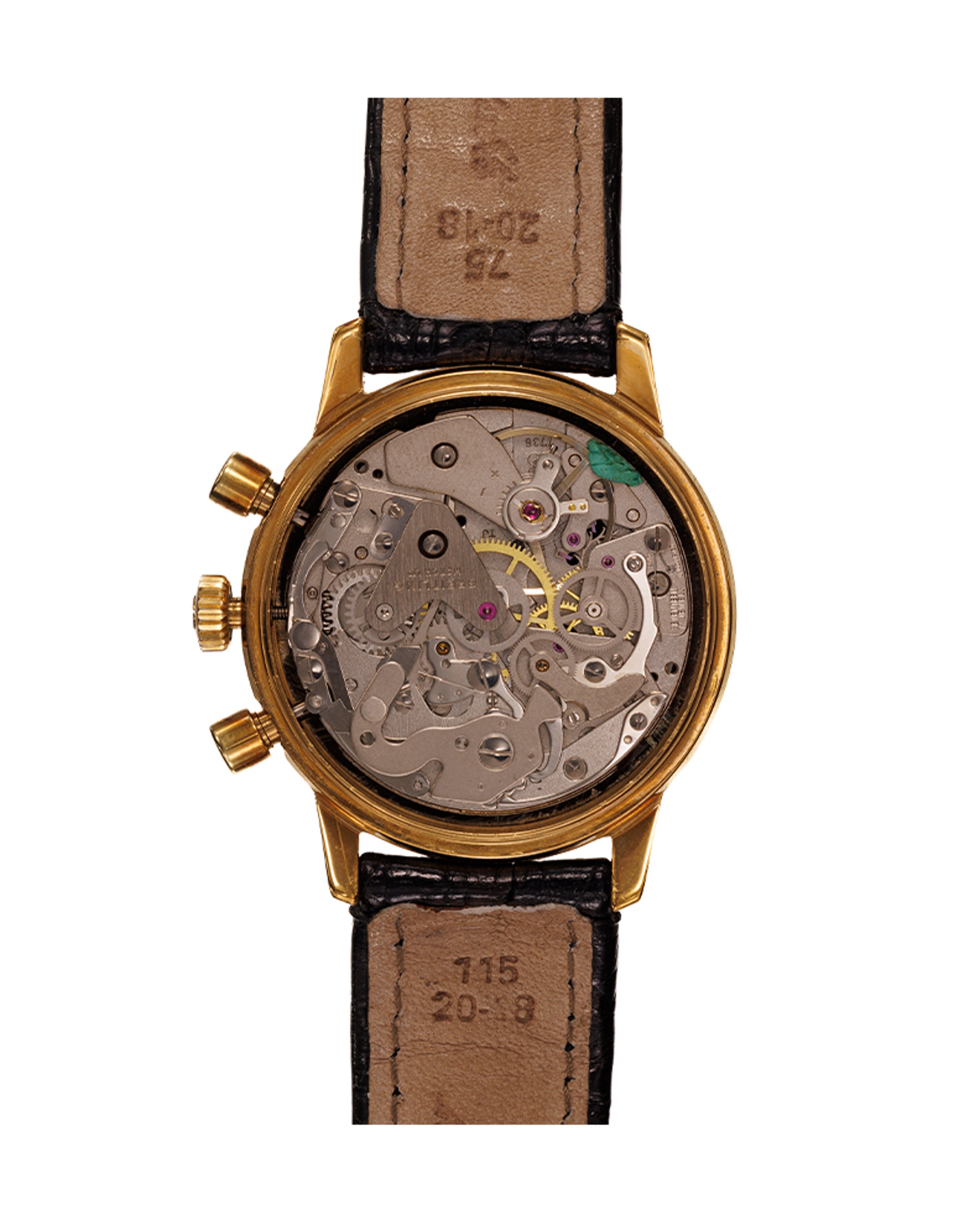 {generated} Breitling Top Time Long Playing ref. 815 配金色計時碼錶錶殼、深色小錶盤與黑色紋理皮革錶帶