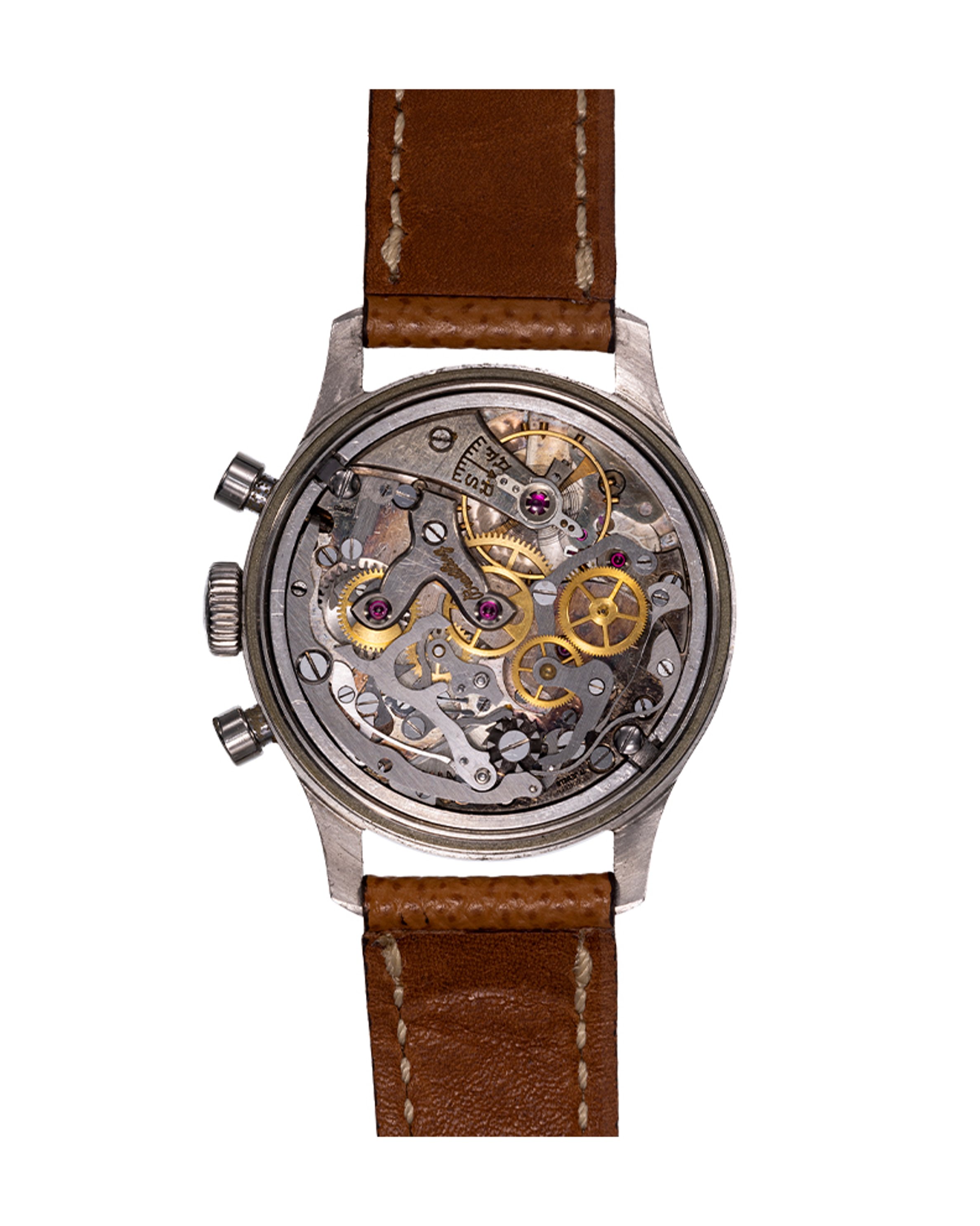 {generated} Breitling Premier ref.790 Venus 150 watch featuring a beige dial, twin subdials and a tan leather strap in a clear front view