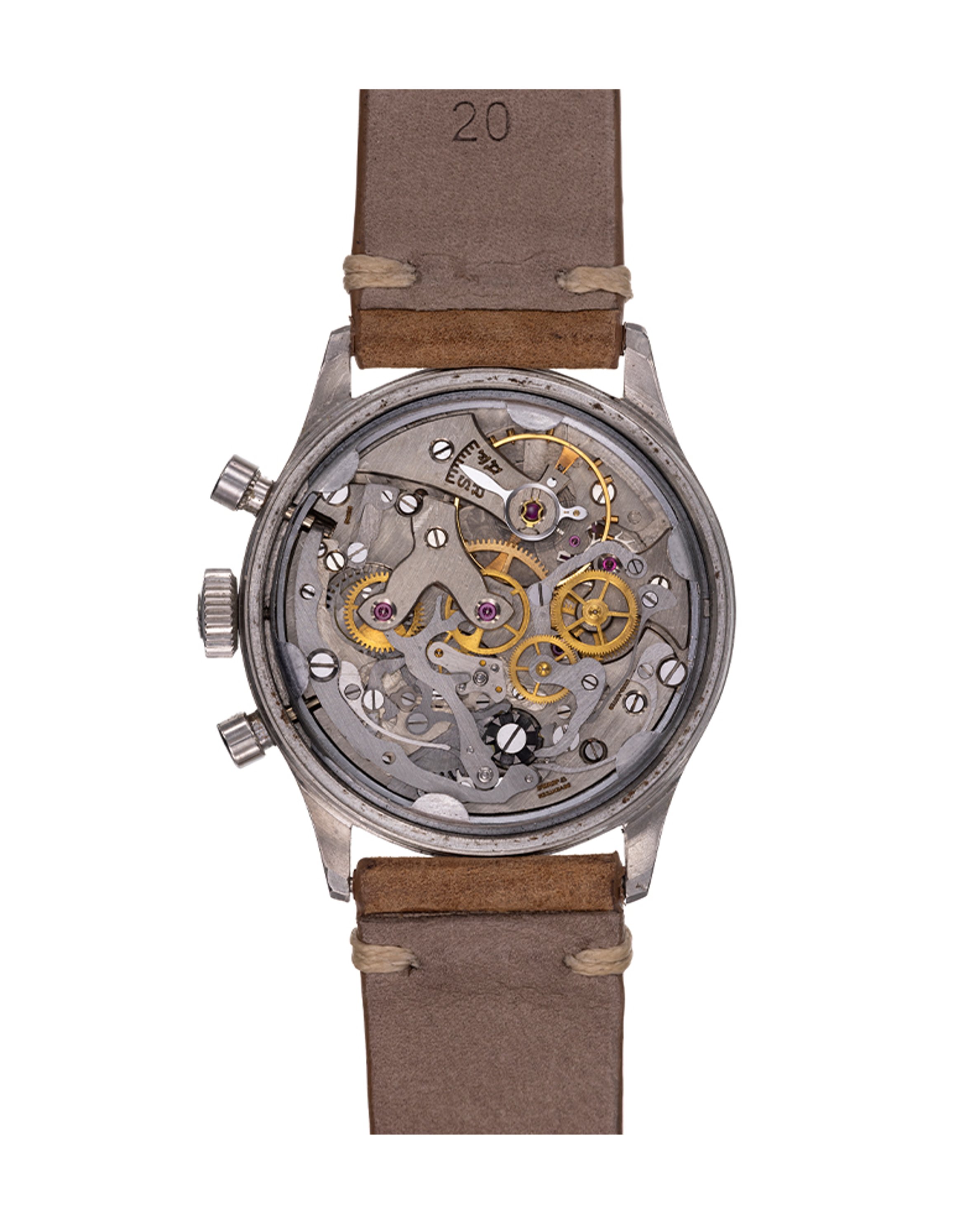 {generated} Vintage Breitling Premier ref. 777 Venus 175 chronograph with cream dial, twin counters and a tan leather strap.