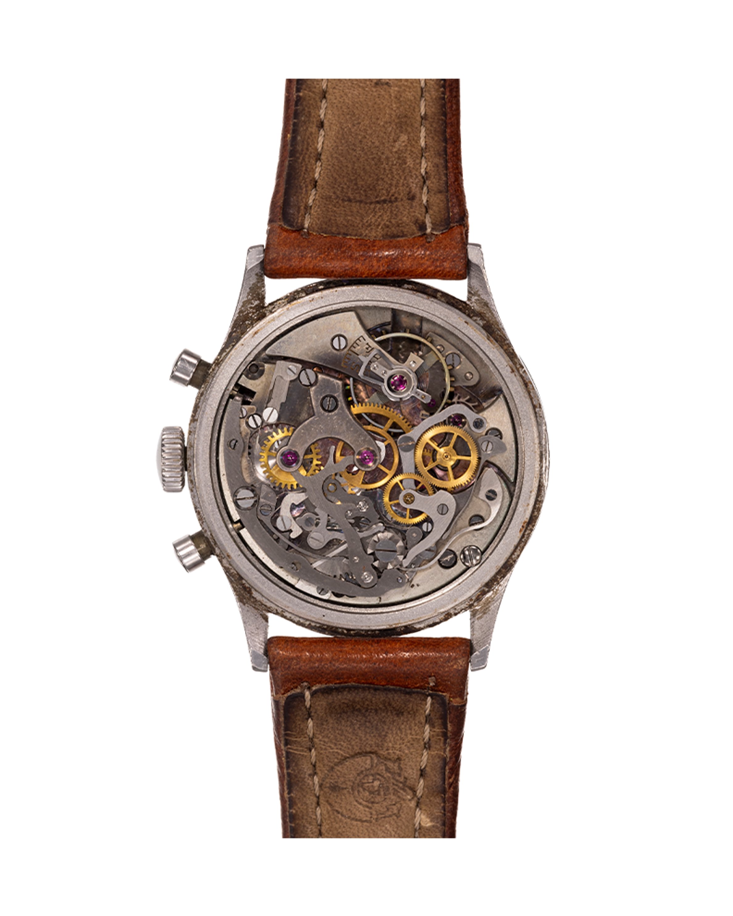 {generated} Vintage Breitling Premier Huit ref 765 Venus 178 chronograph with black dial and brown leather strap shown frontally