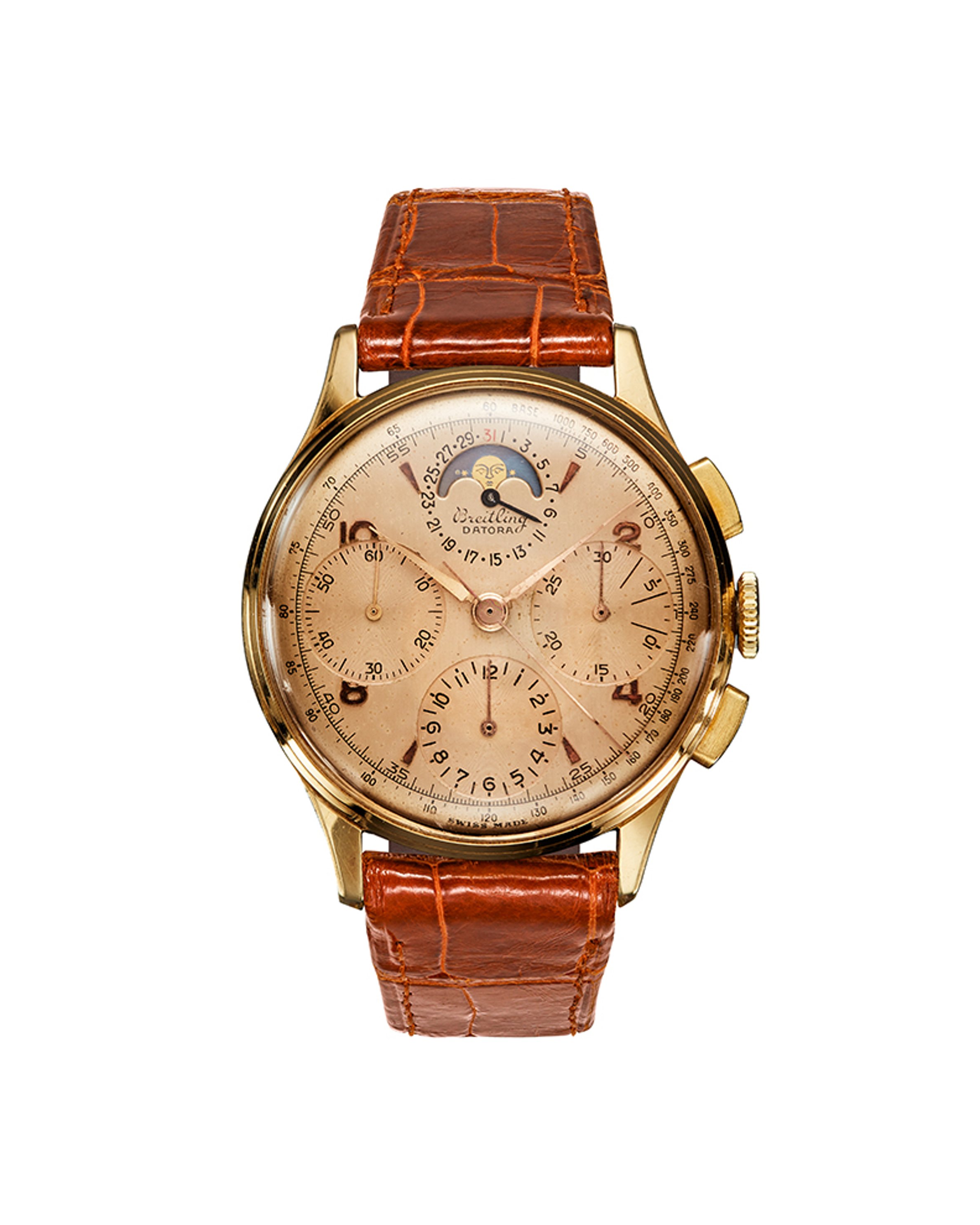 {generated} Breitling Datora ref.799 vintage gold watch with L Venus 187 movement and brown leather strap shown in a front view