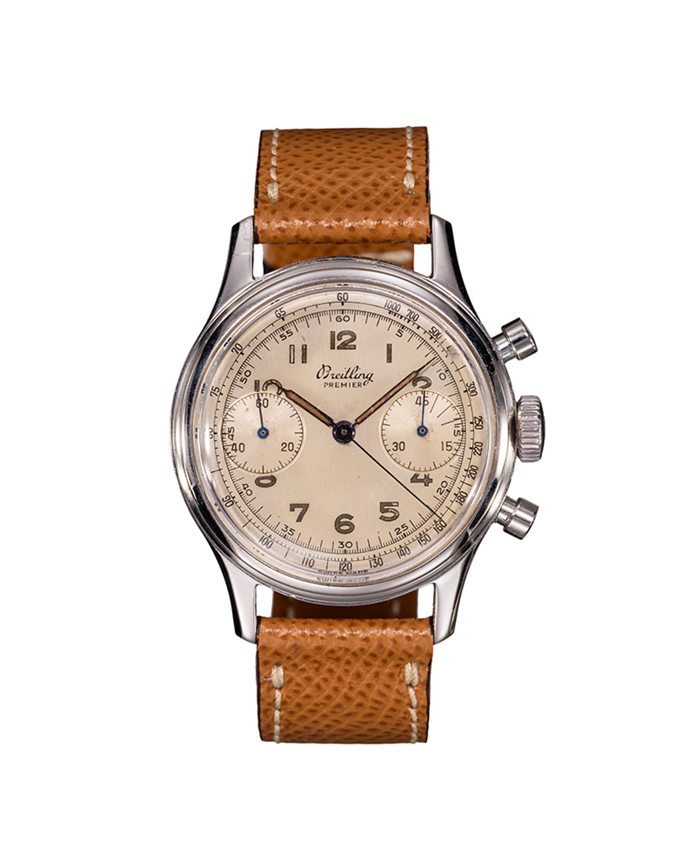 {generated} Breitling Premier ref.790 Venus 150 watch featuring a beige dial, twin subdials and a tan leather strap in a clear front view