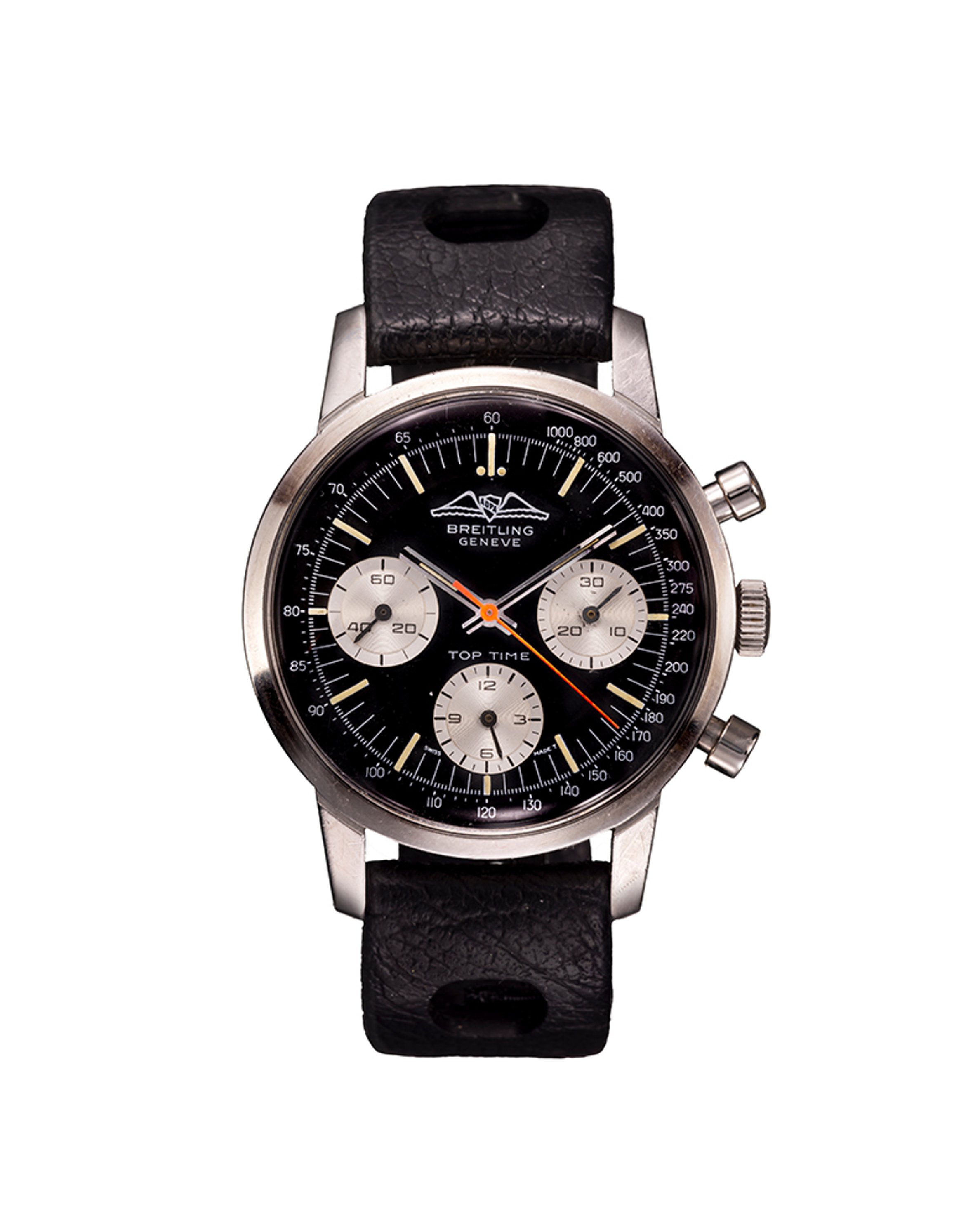 {generated} Breitling Top Time ref.810搭載AOPA標誌,配備黑色錶盤、銀色小錶盤與紋理黑色皮革錶帶