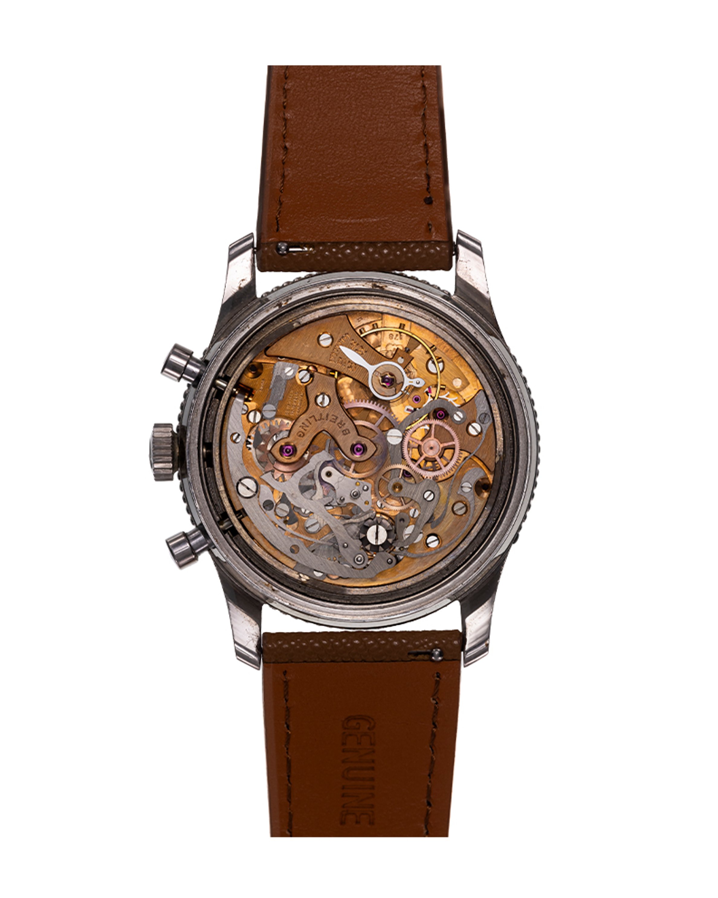 {generated} Breitling Co-Pilot AVI-Mk1 with black chronograph dial and tan leather strap shown clearly from the front for product detail