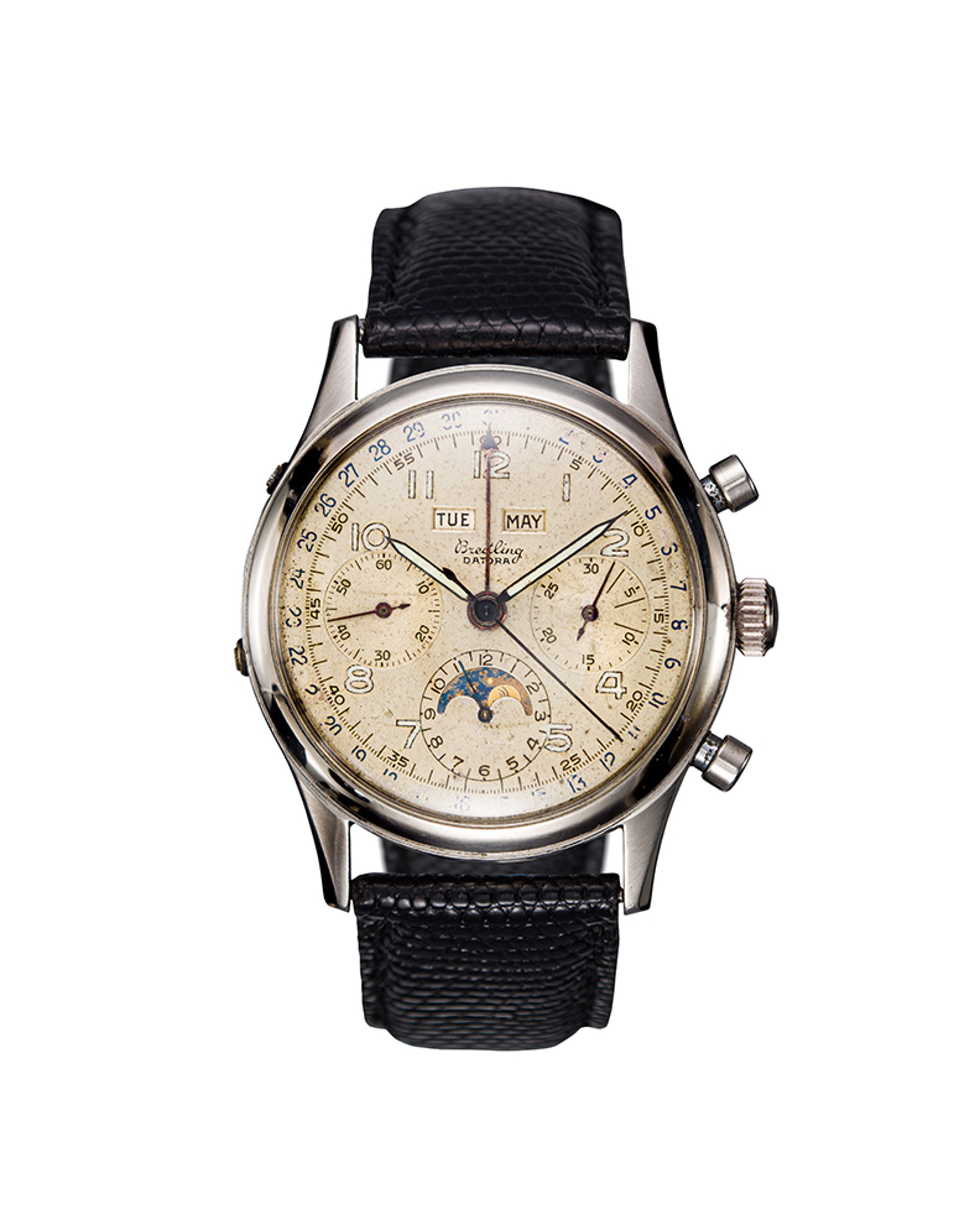 {generated} Breitling Datora ref.804 shown with a cream dial, moonphase display and subdials, set on a black leather strap