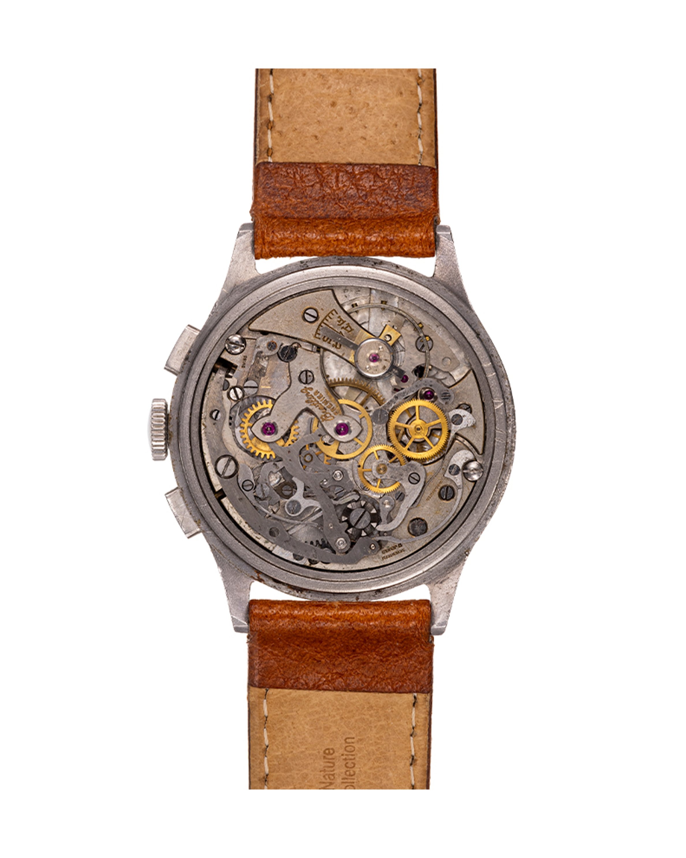 {generated} Breitling Premier Huit ref.734 Venus 178 vintage watch with brown dial, chronograph subdials and tan leather strap.