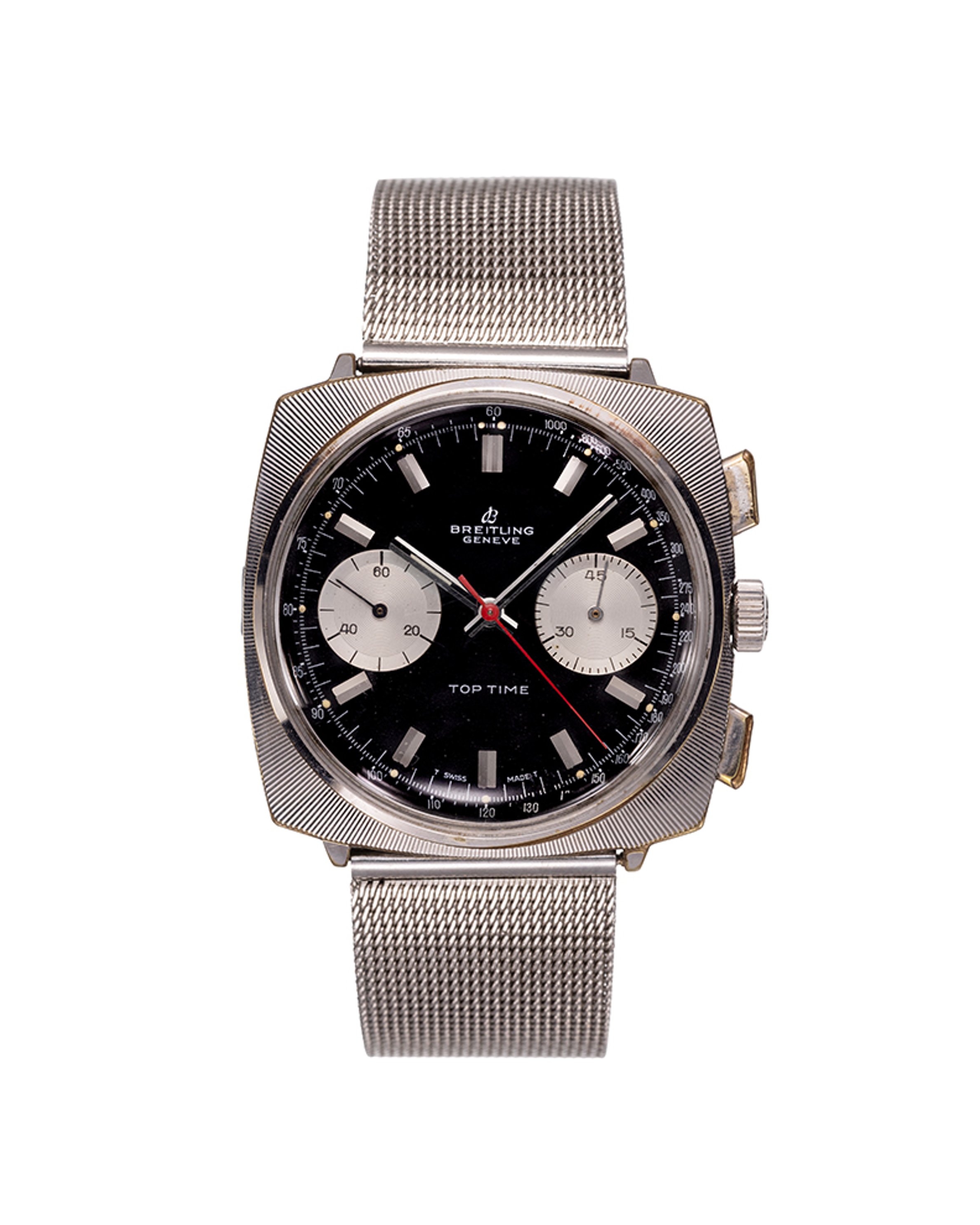 {generated} Breitling Top Time Square ref.2006,搭配黑色錶盤、雙銀色小錶盤、紅色指針與精緻鋼製米蘭編織錶鍊