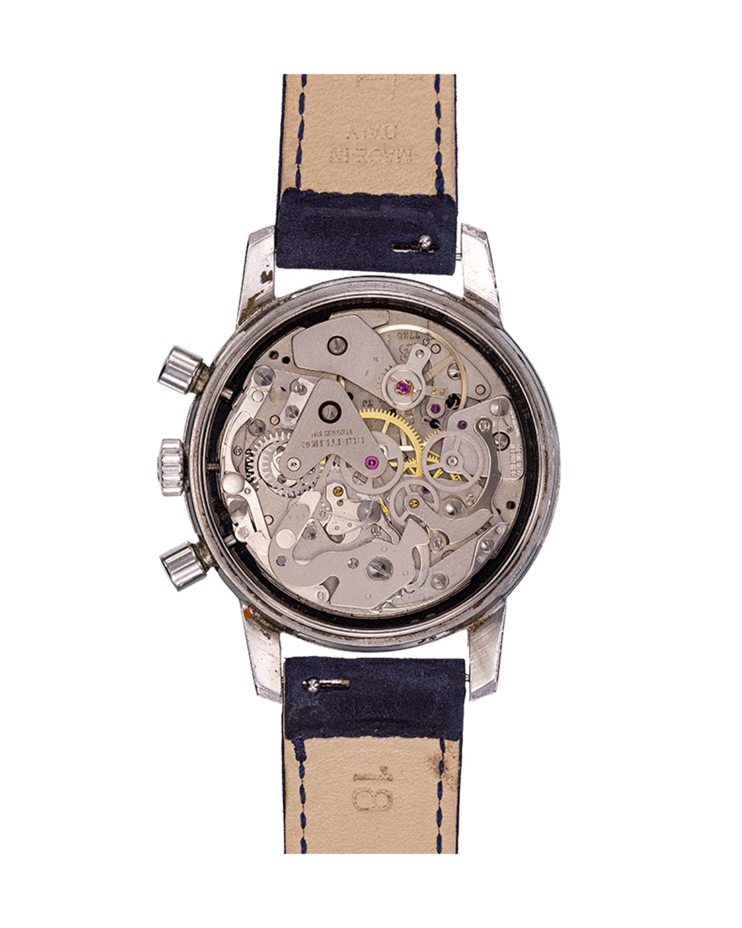 {generated} Breitling Top Time Long Playing 815款以冰藍Valjoux 7736錶盤與深色皮錶帶正面呈現