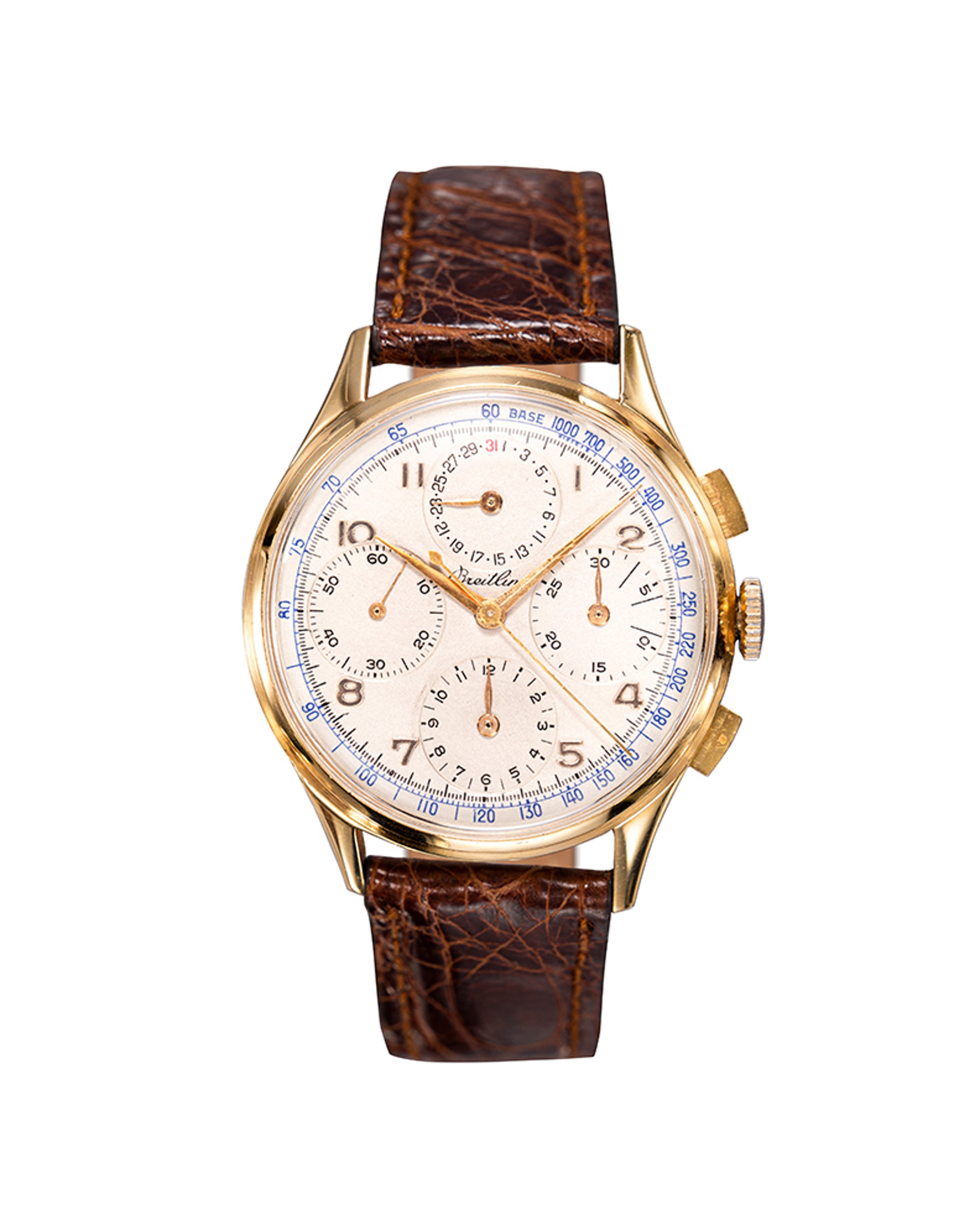 {generated} Breitling Datora ref.799 Venus 187 watch with gold case, cream dial and brown leather strap shown in a frontal view