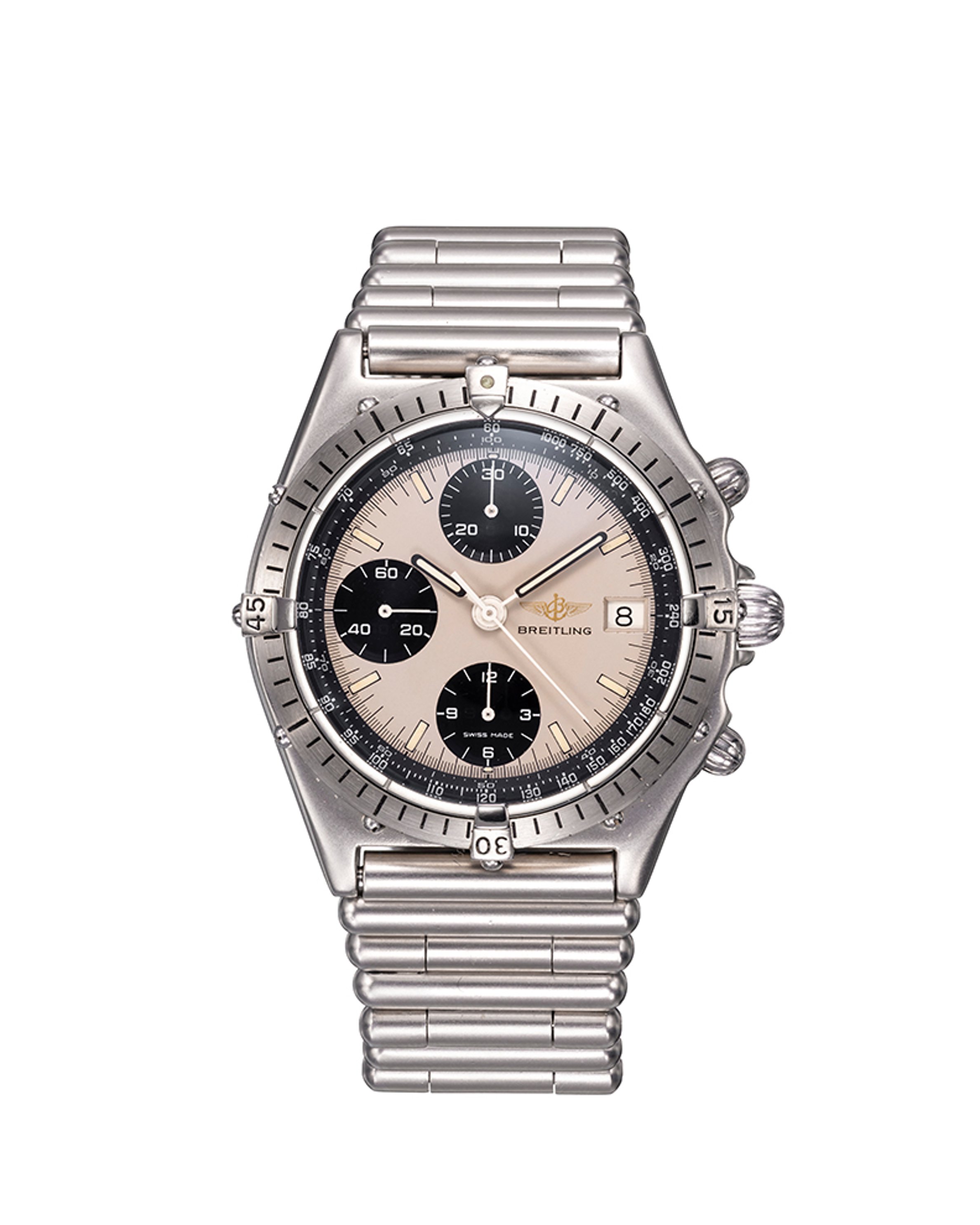 {generated} Breitling Chronomat ref.81500/81950 Valjoux 7750 présenté de face avec boîtier et bracelet acier mettant en valeur son style