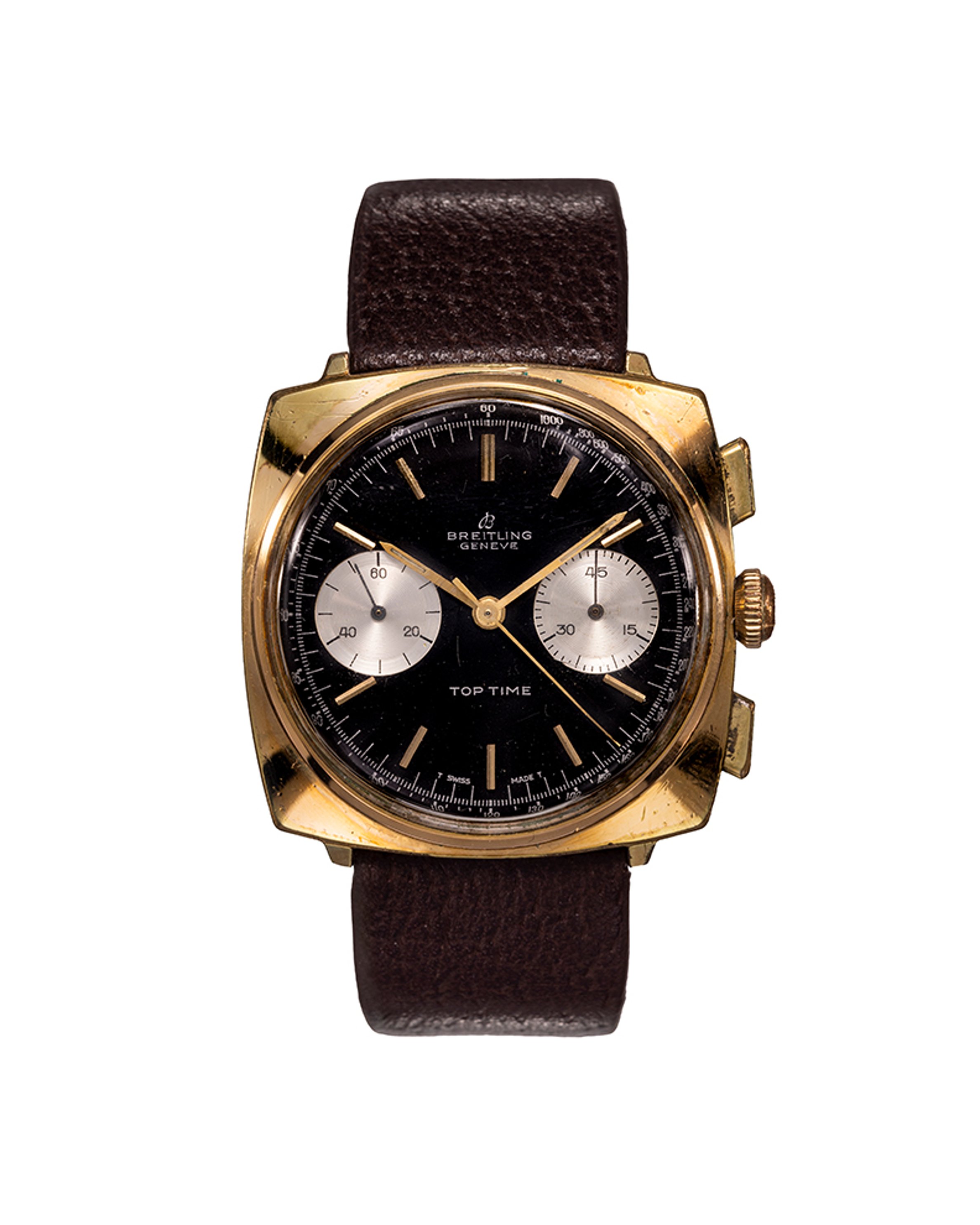 {generated} 復古Breitling Top Time Square ref.2008,金色錶殼、黑色錶盤、銀色小錶盤與棕色皮革錶帶