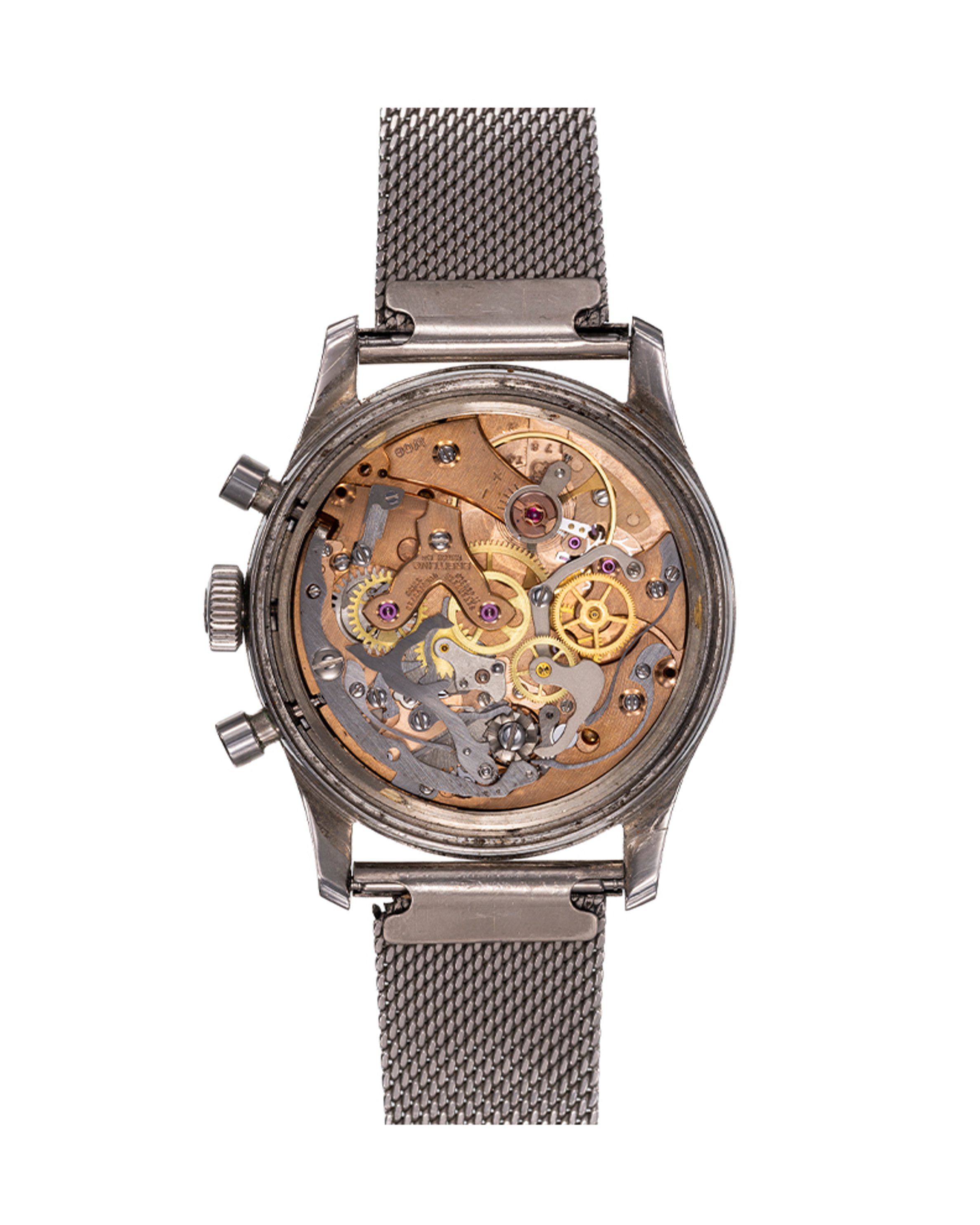 {generated} Breitling Premier AOPA ref.765 watch with black dial, three subdials and a steel mesh strap shown in a clean front view