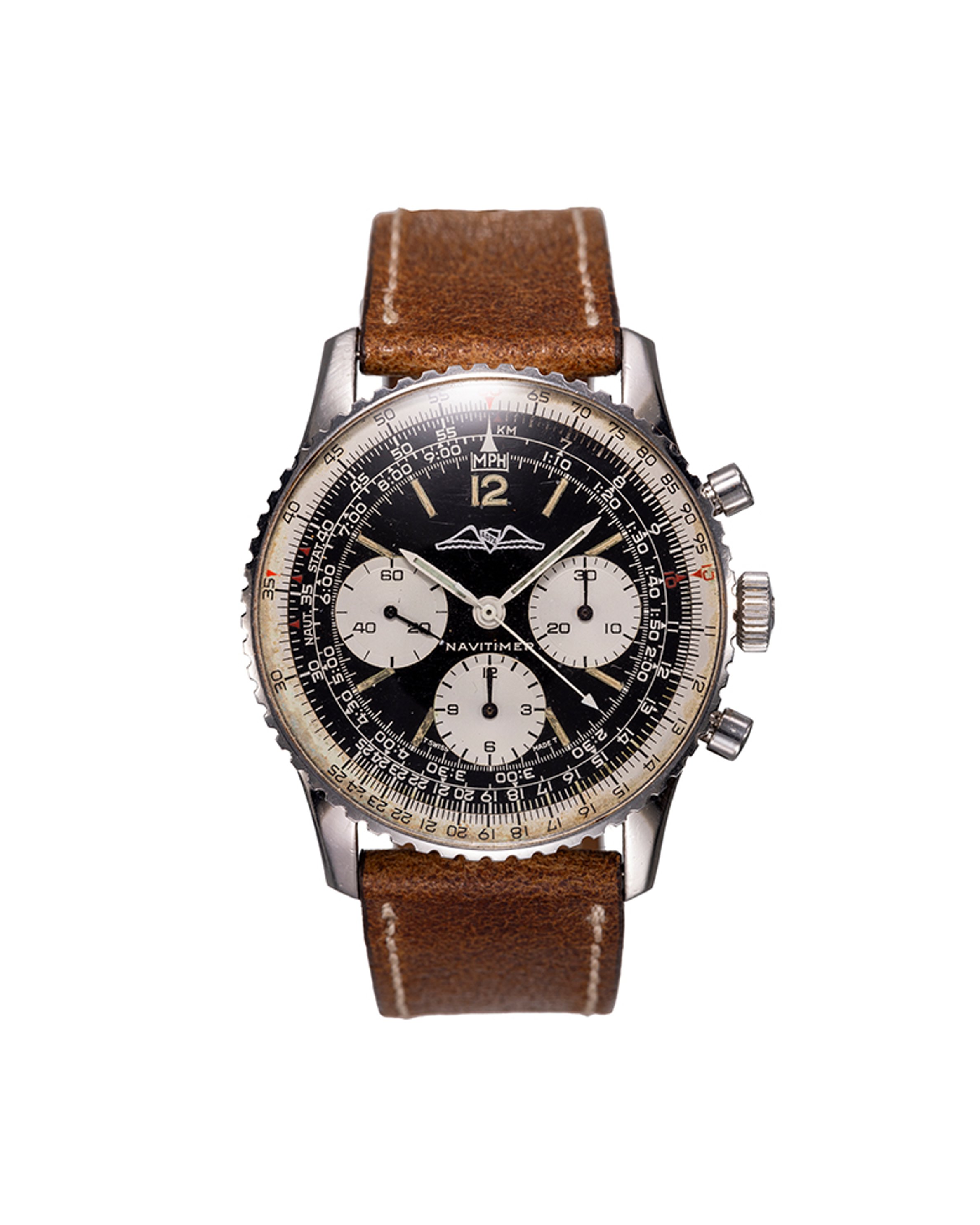 {generated} Vintage Breitling Navitimer Mk8 ref.806 Venus 178 shown with black dial, tri‑compax layout and brown leather strap.