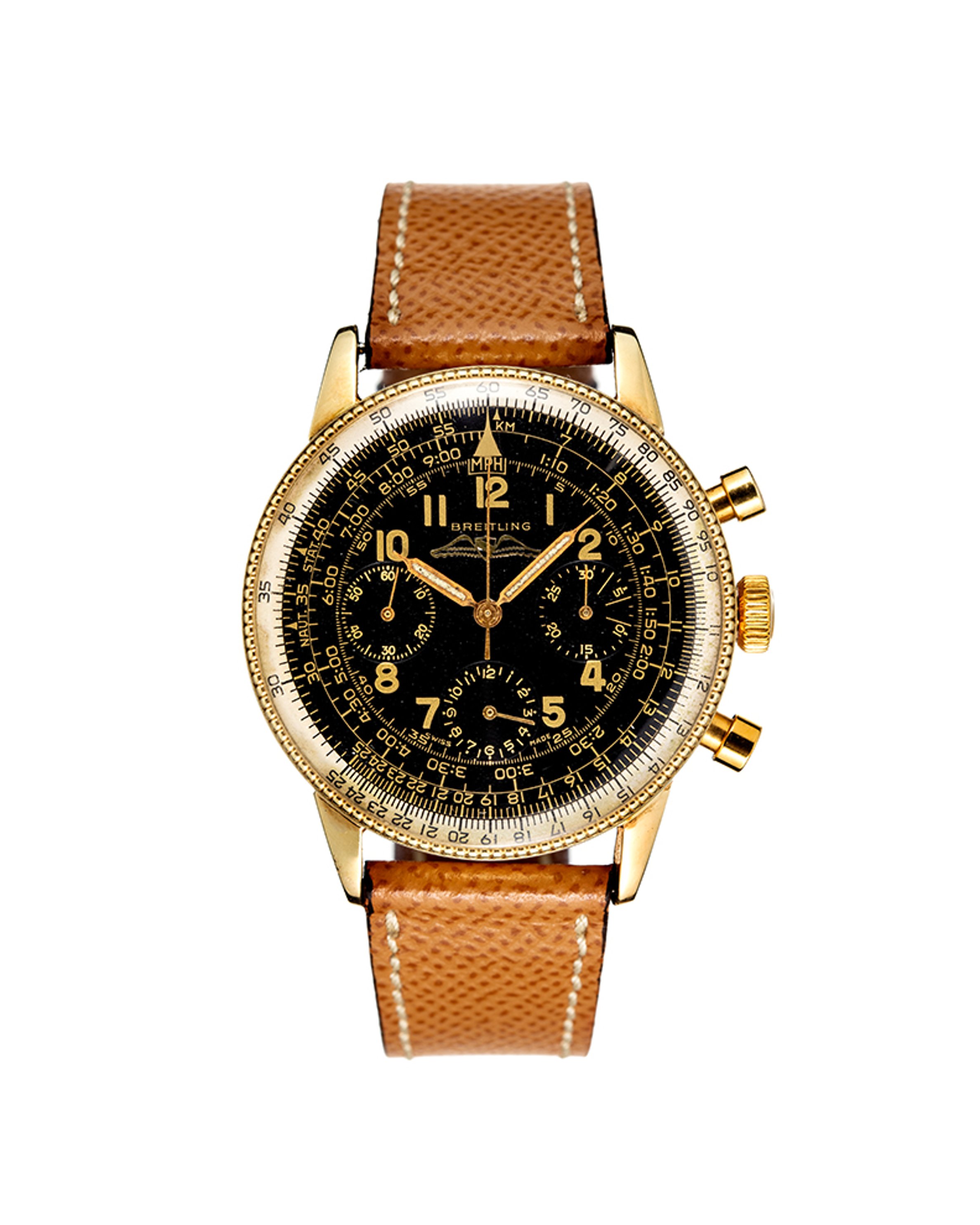 {generated} Breitling Navitimer Mk2.1 ref.806 Venus 178 shown with a gold case, black chronograph dial and a brown leather strap