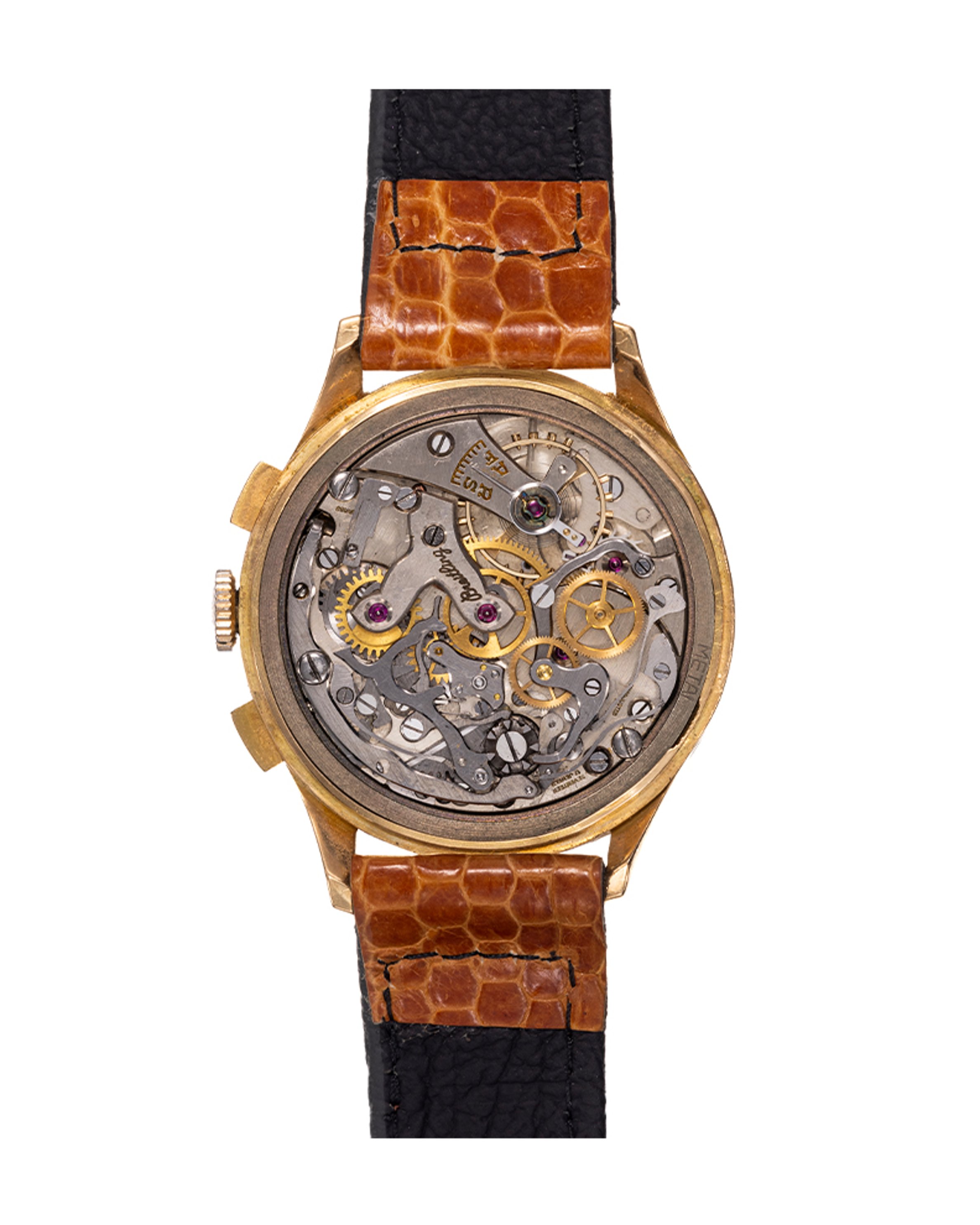 {generated} Breitling Datora ref.799 Venus 187 watch with gold case, cream dial and brown leather strap shown in a frontal view