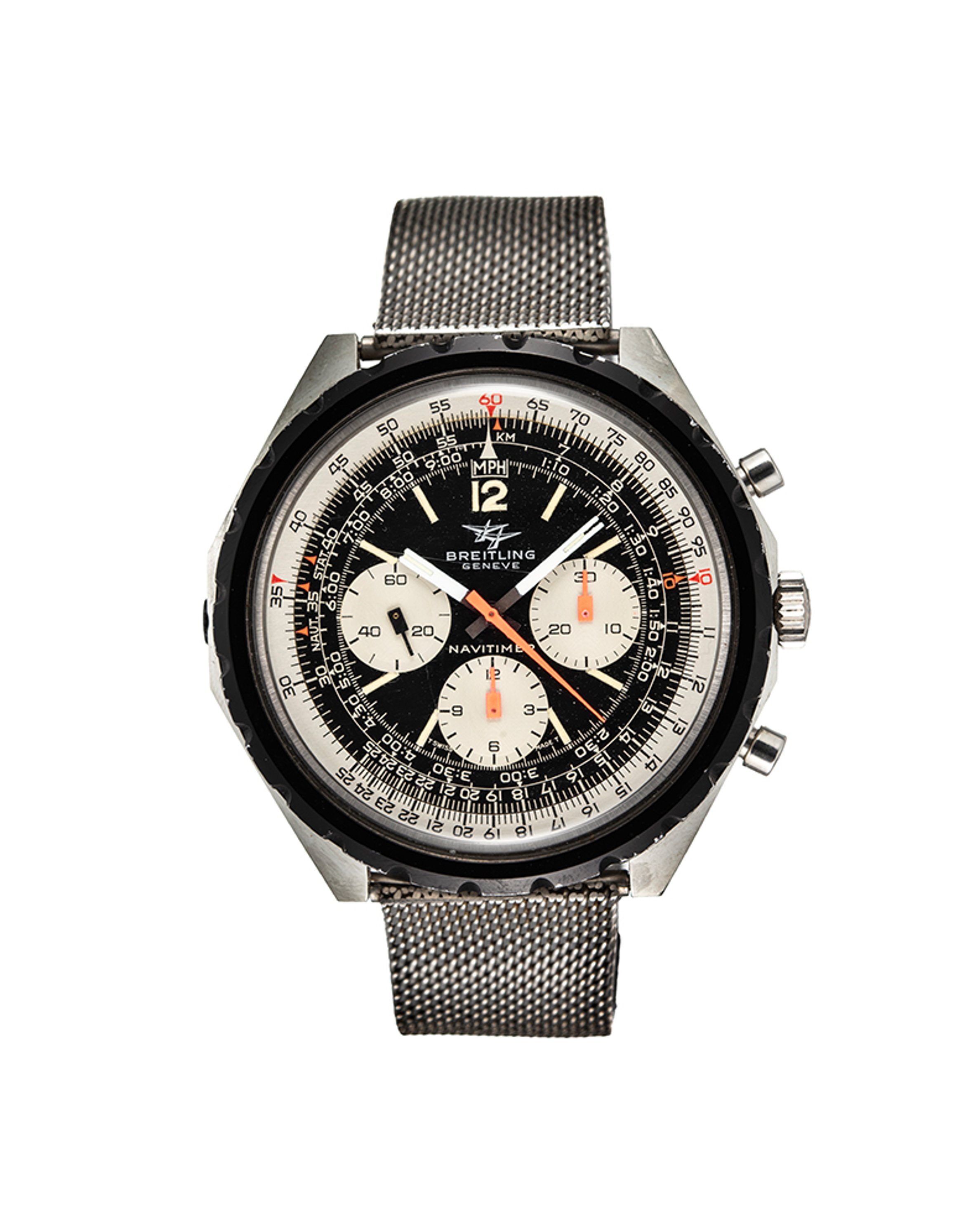 {generated} Breitling Navitimer Big Case ref.816 Venus 178 shown front-on with black dial, tri-compax layout and mesh steel strap