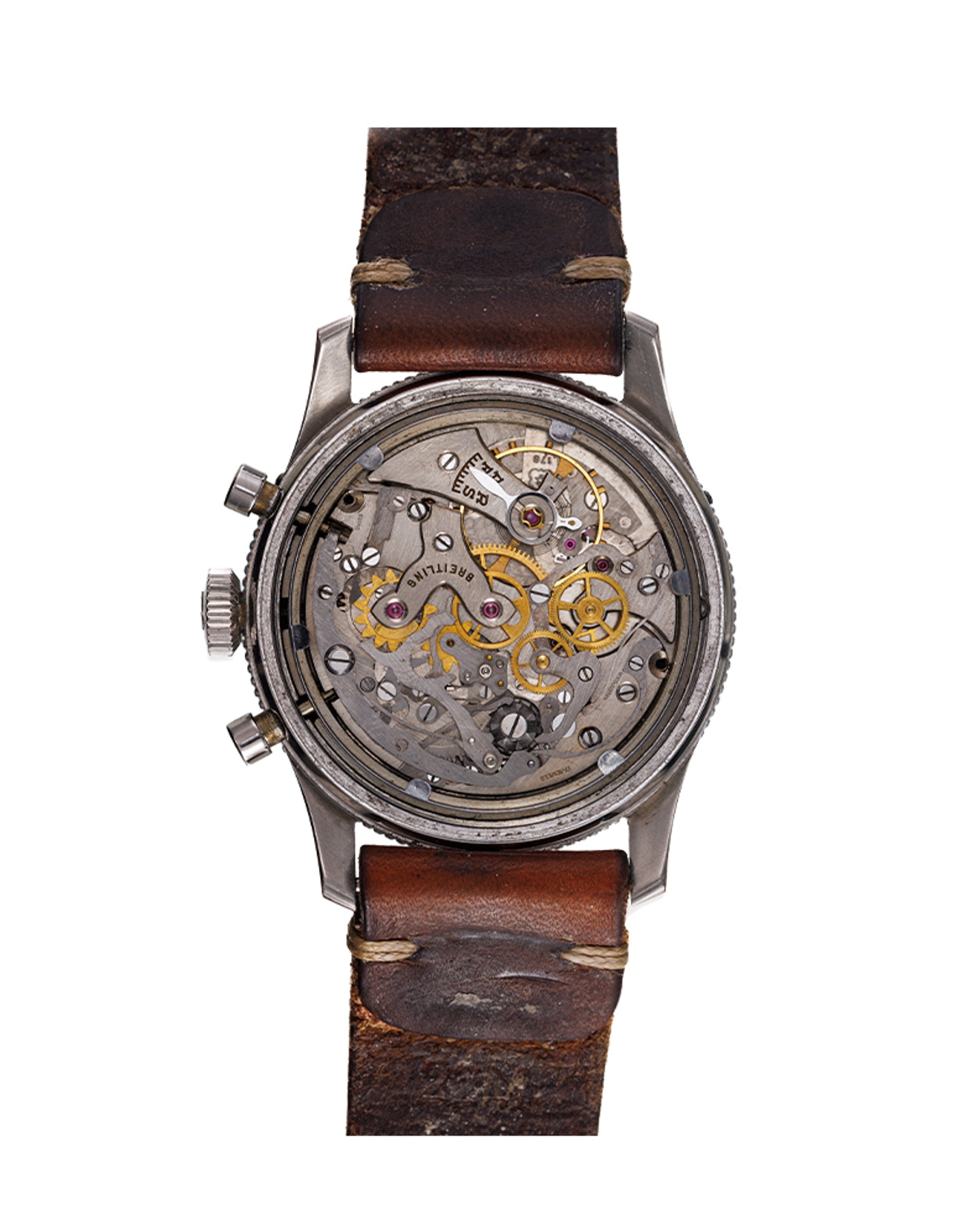 {generated} Breitling Co-Pilot AVI Mk1.1 vintage chronograph featuring a black dial, aged numerals, and a brown leather strap.