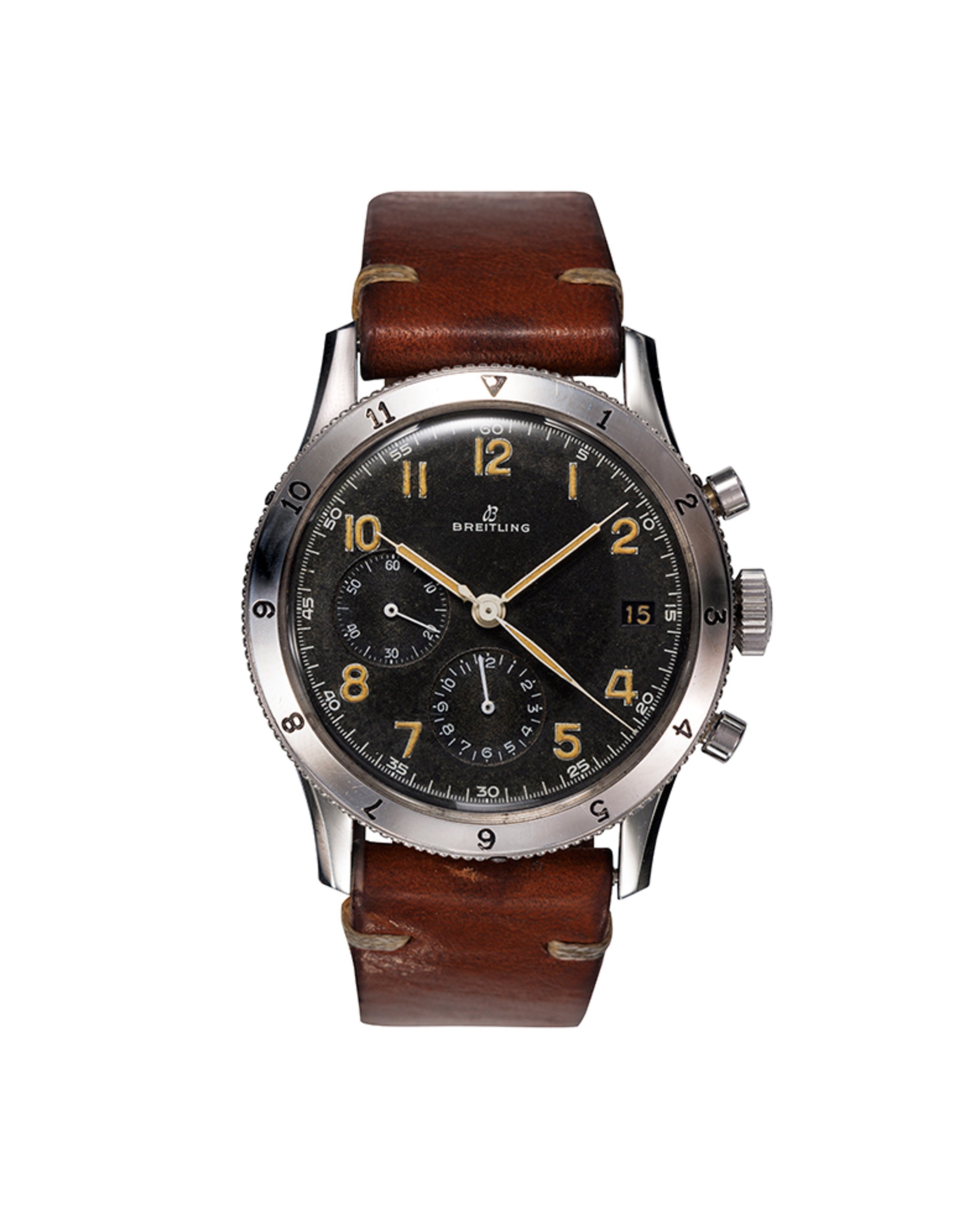 {generated} Breitling Co-Pilot AVI Mk1.1 vintage chronograph featuring a black dial, aged numerals, and a brown leather strap.