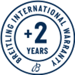 {generated} Circular Breitling emblem highlighting a +2 years international warranty extension presented in bold blue typography