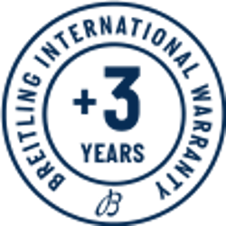 {generated} Breitling circular badge emphasising an added three years of international warranty presented with clear bold central text