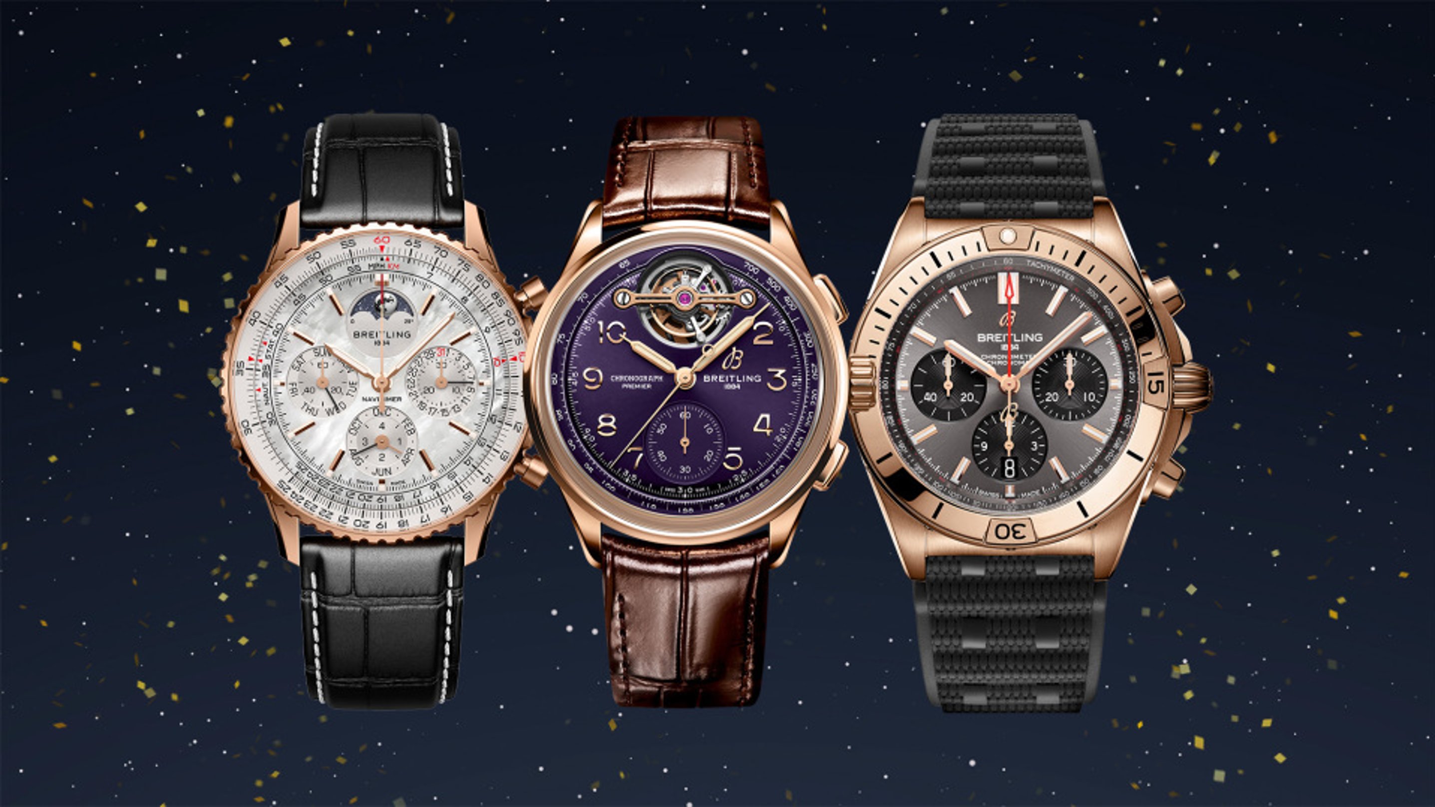 {generated} ローズゴールドとブラックのメンズBreitling腕時計3本が、贈り物を想起させる落ち着いた祝祭的背景に並ぶ。