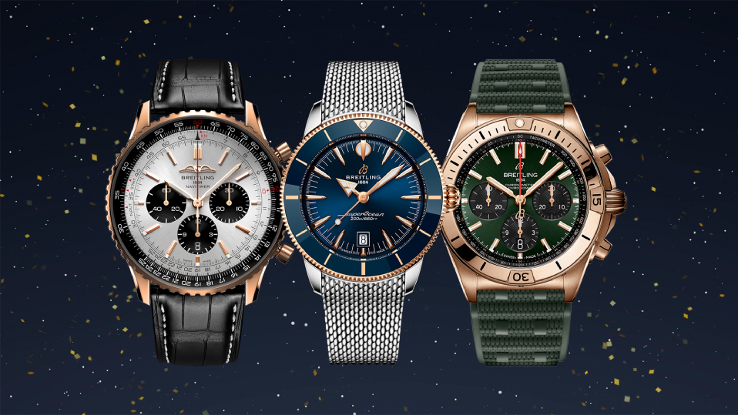 {generated} Three men's Breitling watches, including Navitimer, Superocean Heritage and Chronomat, set against a festive dark backdrop