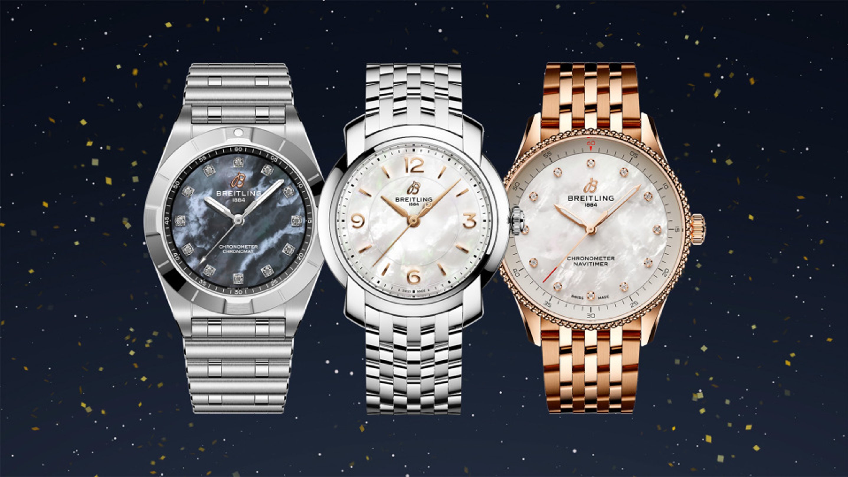 {generated} 3本の女性向けBreitling時計がマザーオブパール文字盤とメタルブレスで並び、暗い祝祭的背景に映える