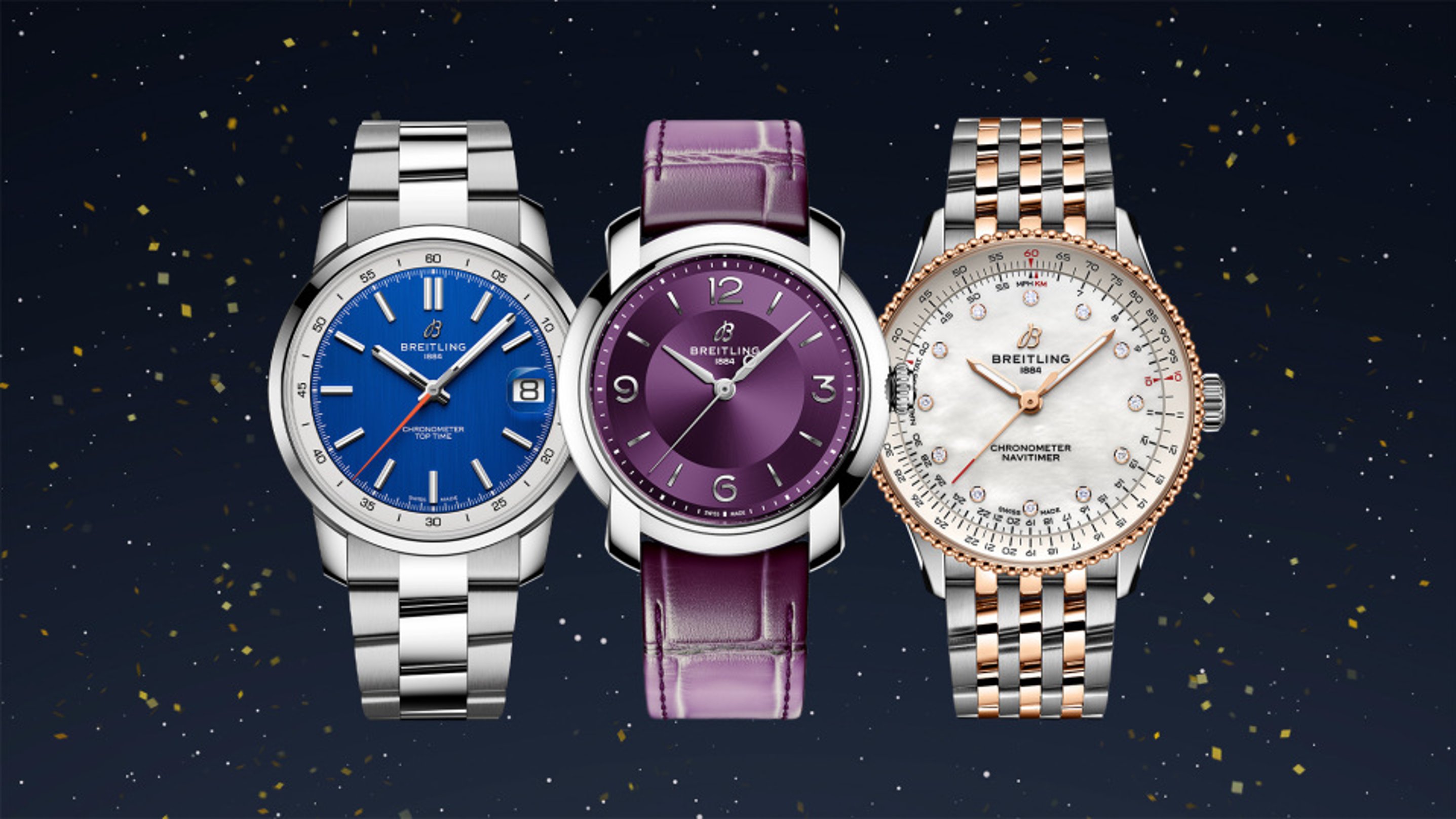 {generated} Three women’s Breitling watches, including Top Time and Navitimer models, displayed against a festive dark backdrop