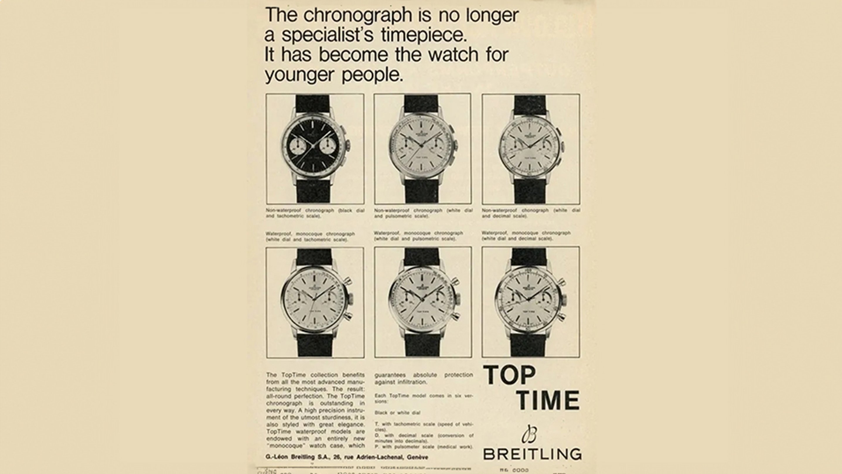 {generated} 復古廣告呈現多款不同錶盤的Breitling Top Time腕錶,強調其計時碼錶設計
