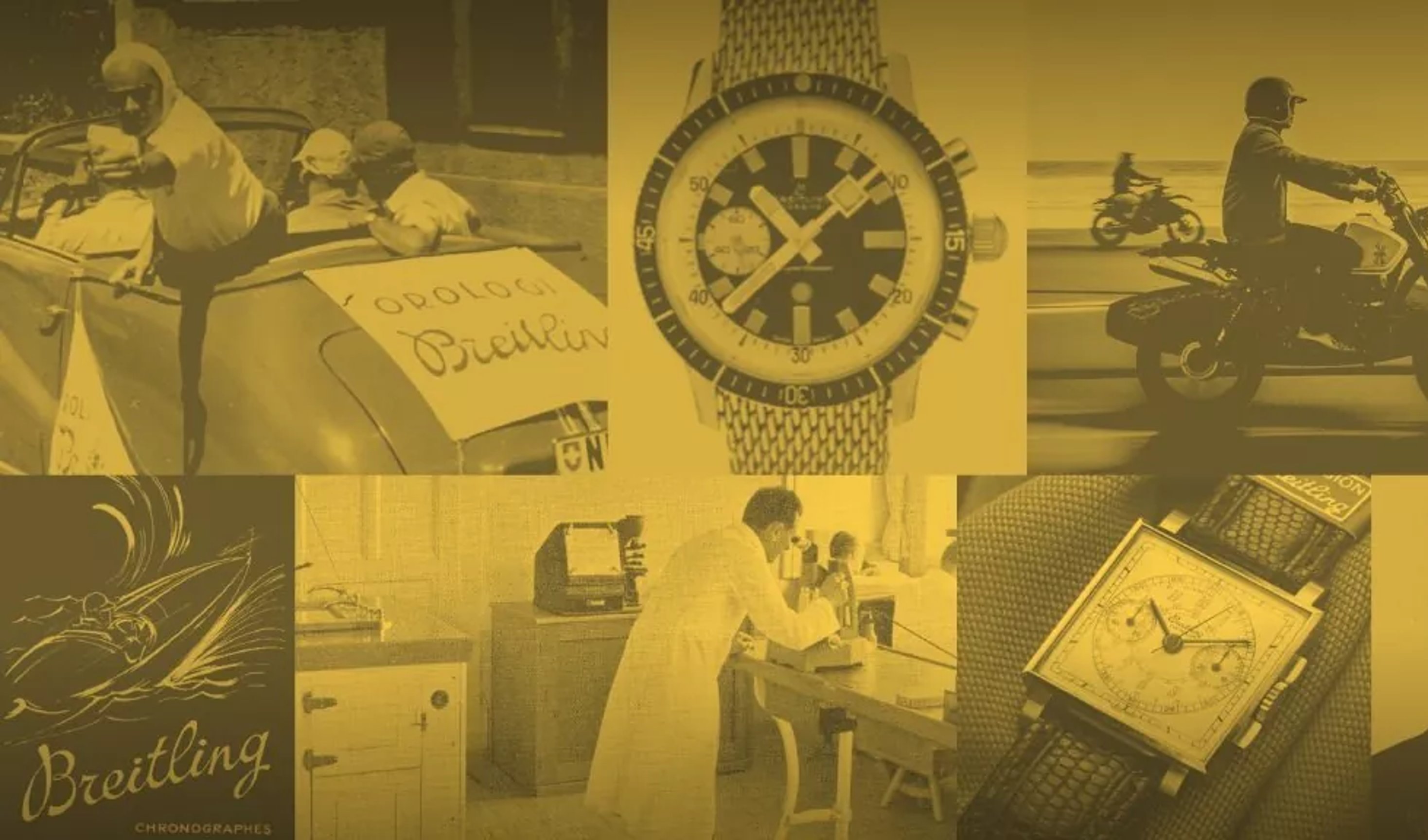 {generated} 結合Breitling歷史時刻的拼圖，融合經典腕錶、檔案影像與生活場景，致敬品牌140週年。