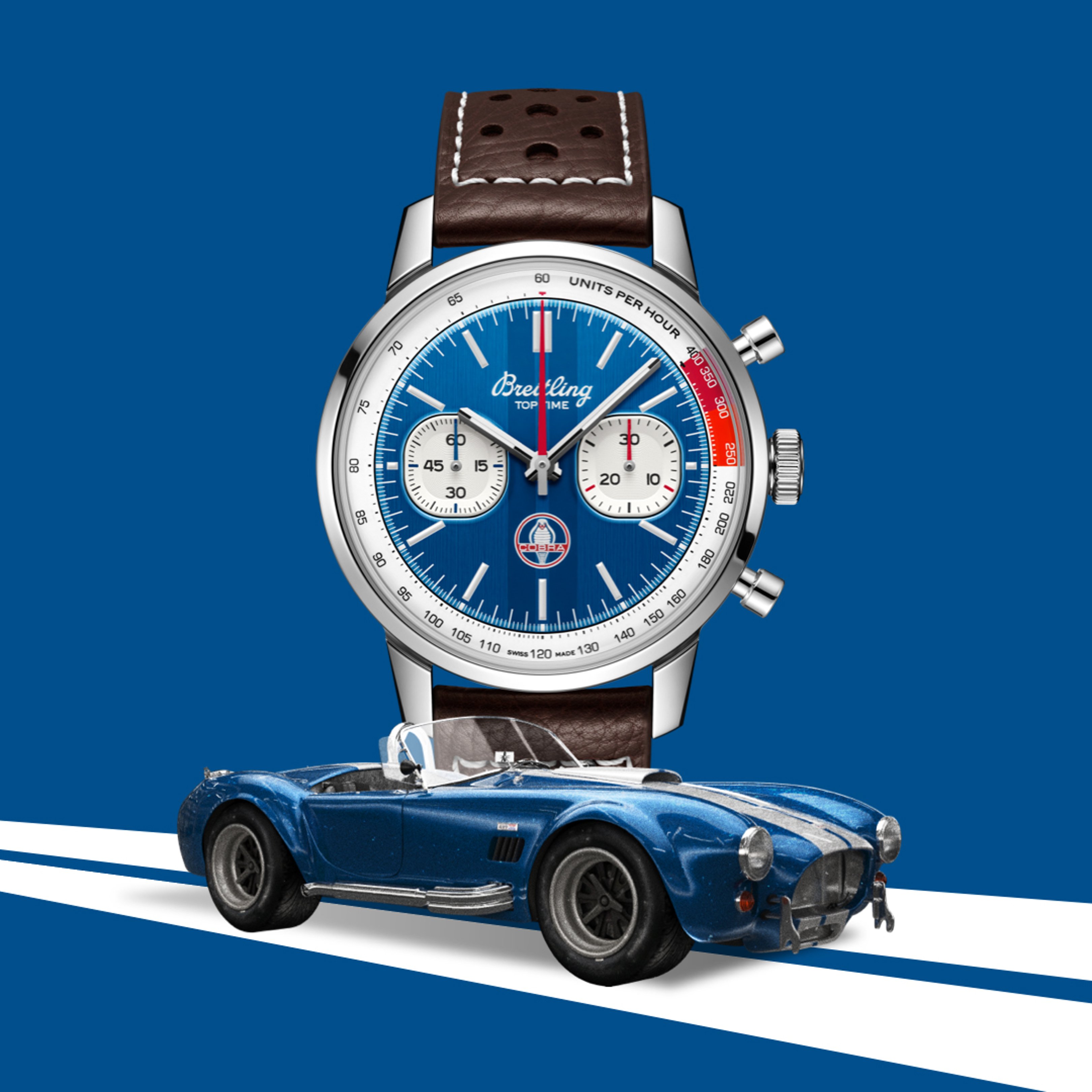{generated} Breitling Top Time Shelby Cobra with blue dial matched with a classic blue Shelby Cobra car on a bold striped backdrop