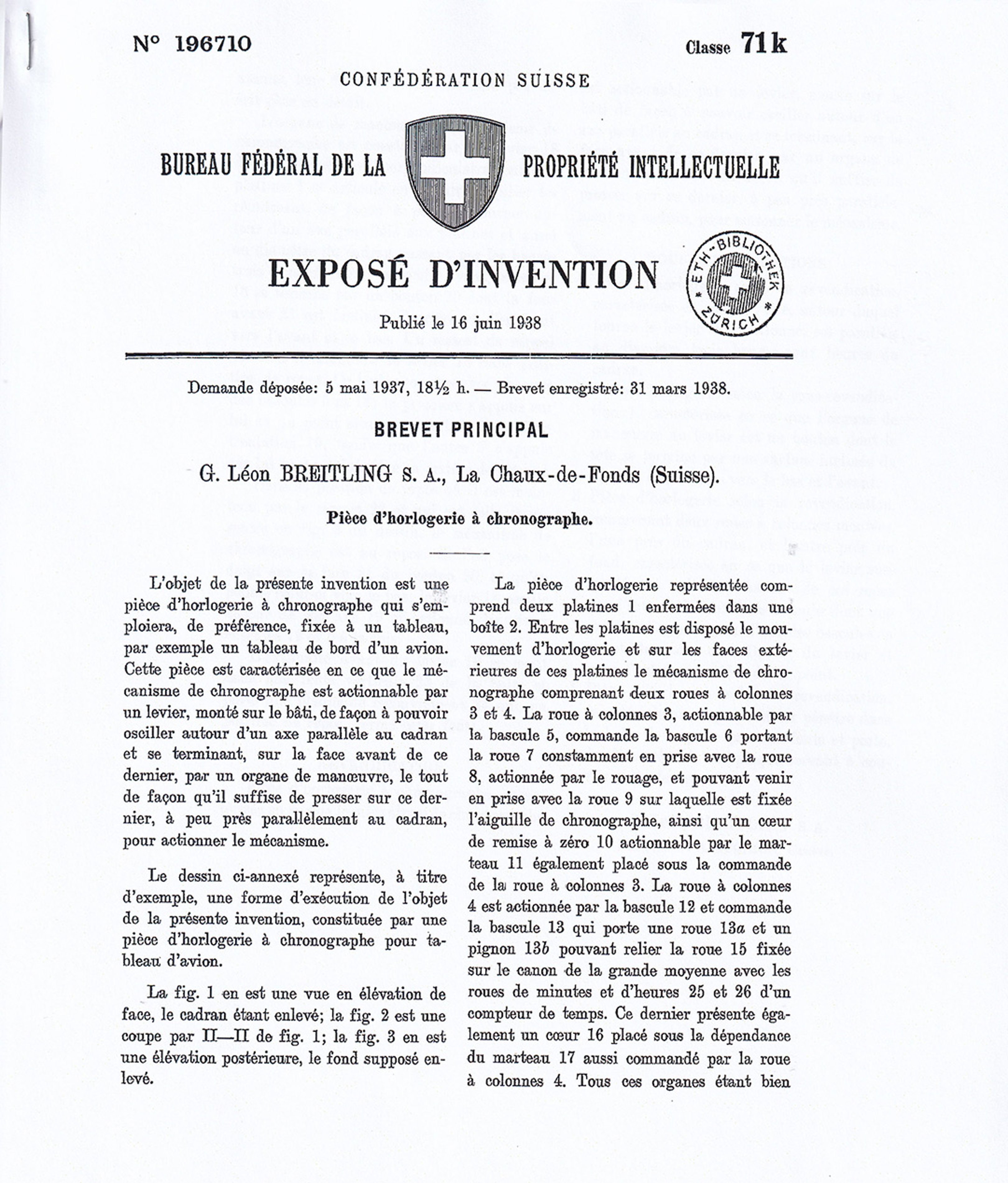 {generated} Historic Swiss patent document outlining a Breitling chronograph invention with detailed technical notes and provenance.