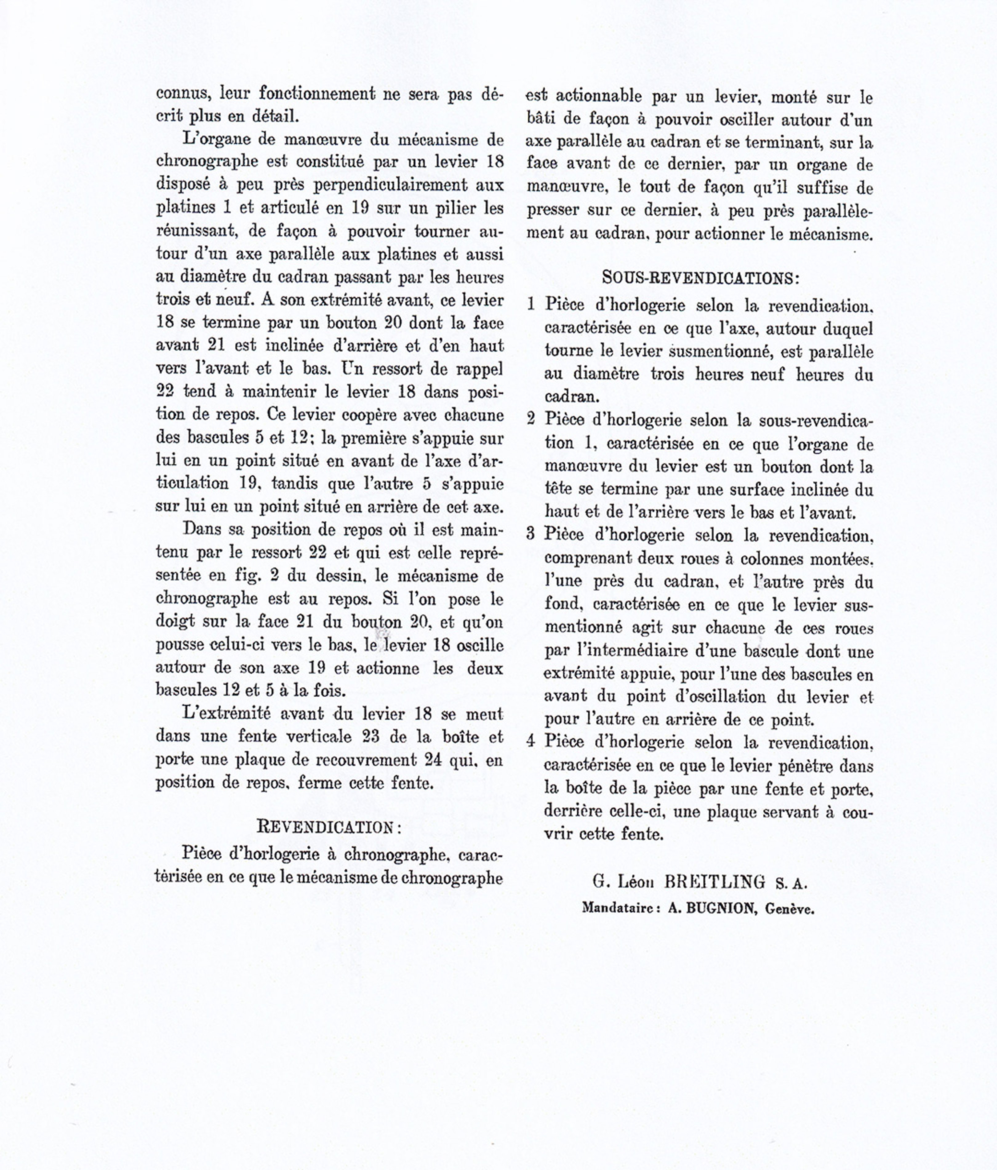 {generated} Vintage Breitling patent text outlining early chronograph mechanics, reflecting the era’s inventive technical precision