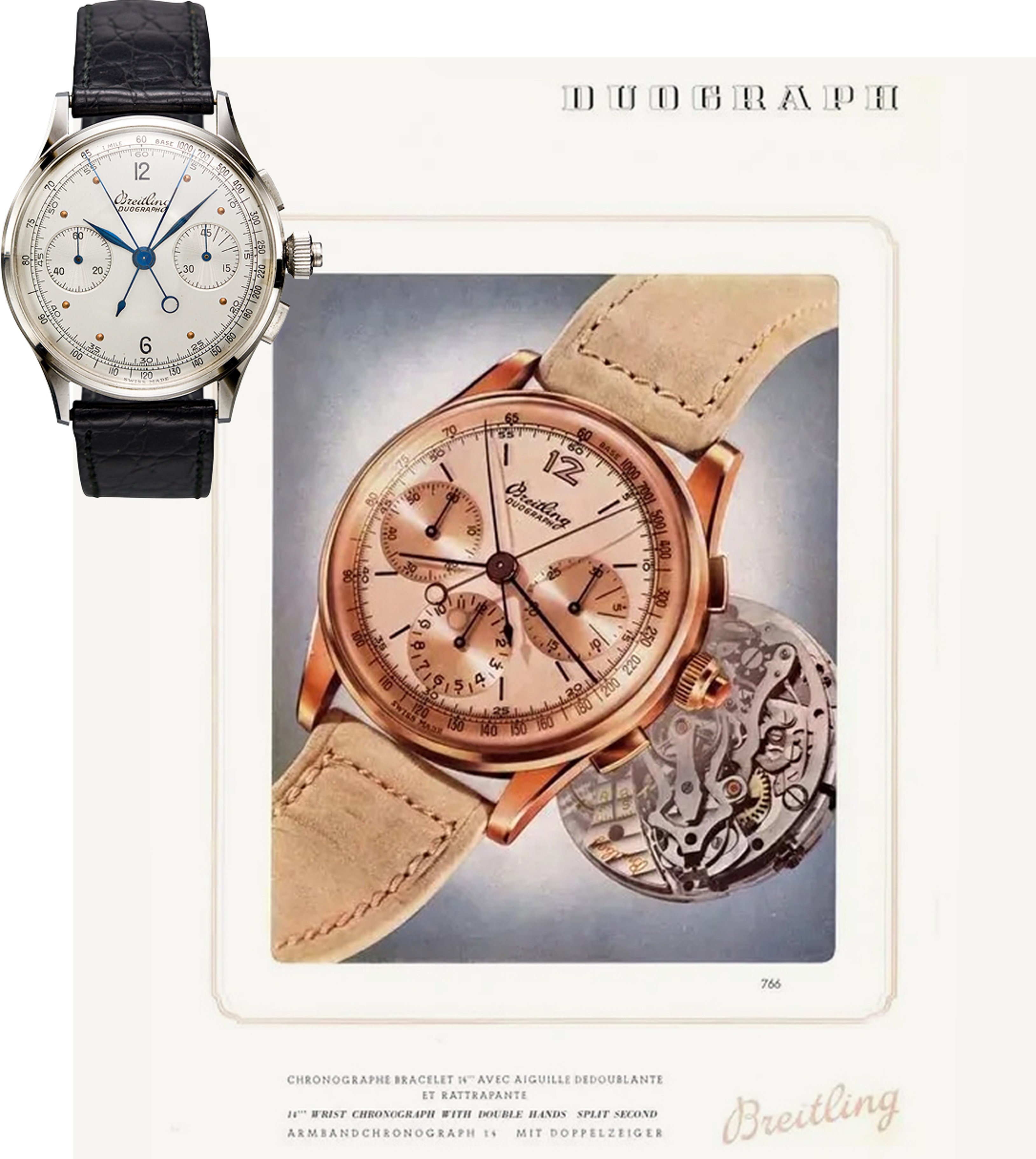 {generated} Breitling Duograph shown with a vintage advertisement, highlighting classic chronograph styling and mechanical detail.