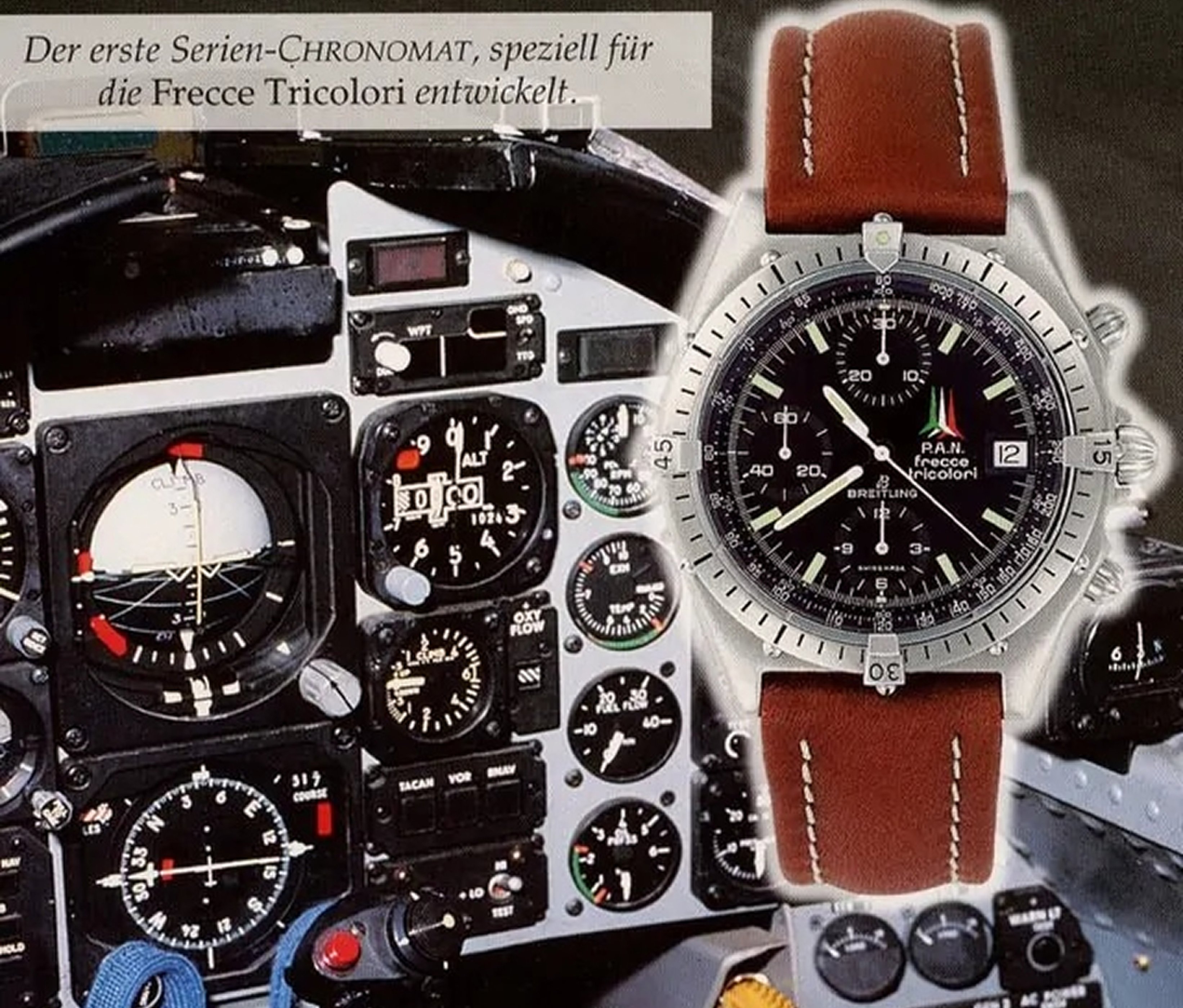 {generated} Montre Breitling Chronomat Frecce Tricolori devant un cockpit détaillé soulignant son lien profond avec l’univers aéronautique