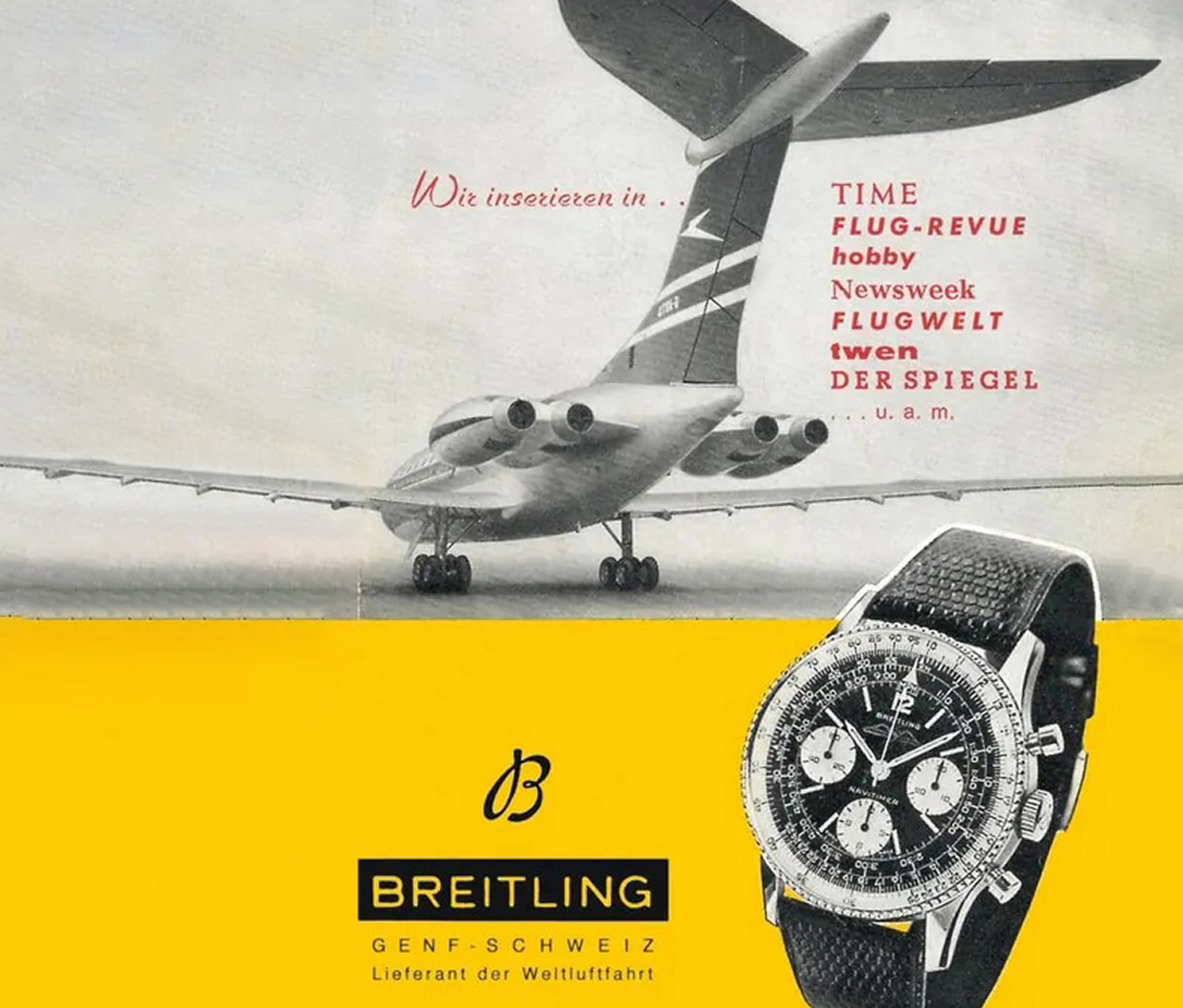 {generated} Vintage aviation scene with a jet overhead and a Breitling Navitimer Twin-Jet watch showcased against bold yellow.