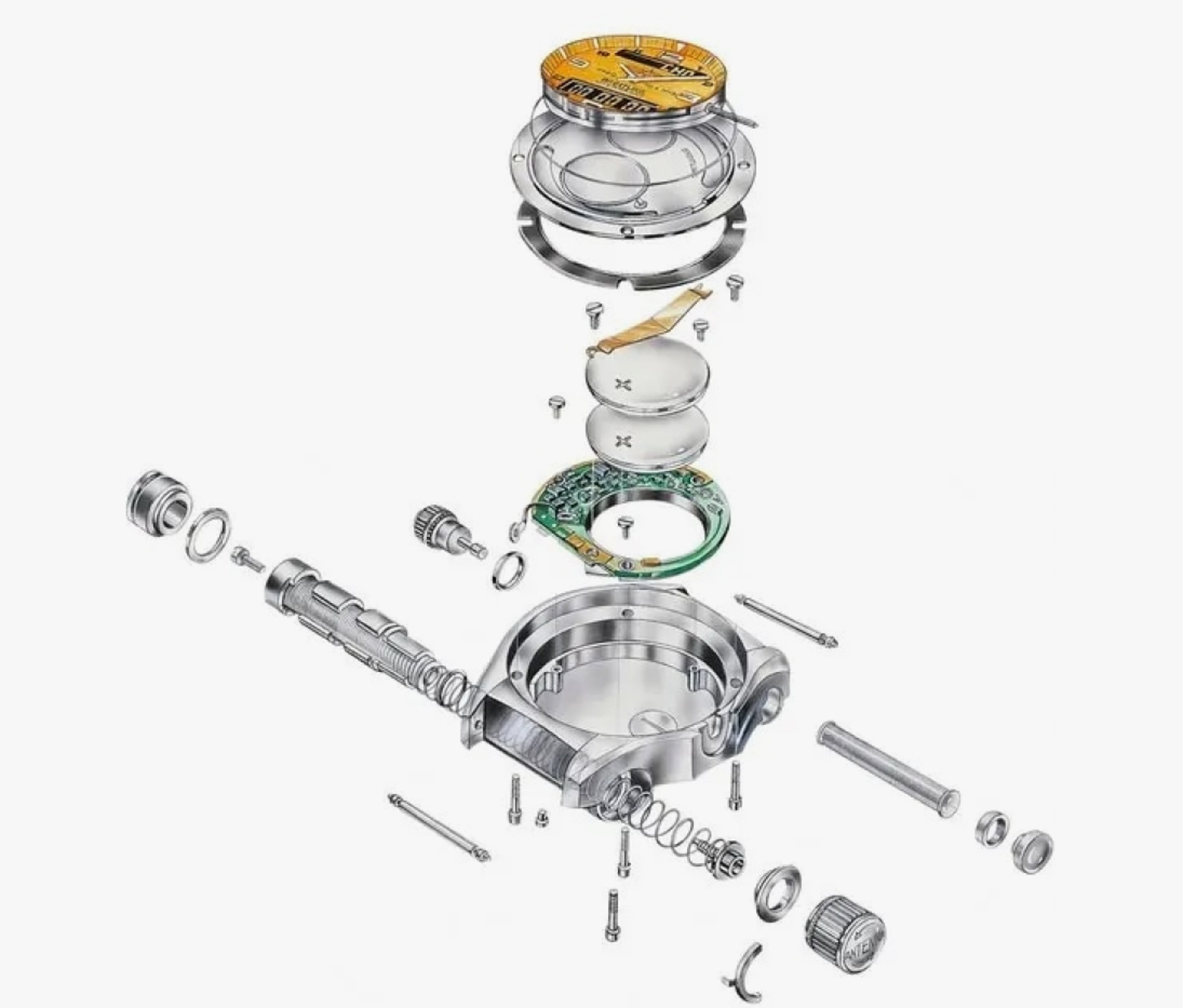 {generated} Breitling Professional 腕錶的爆炸示意圖,呈現錶盤、機芯與錶殼部件的分層配置。