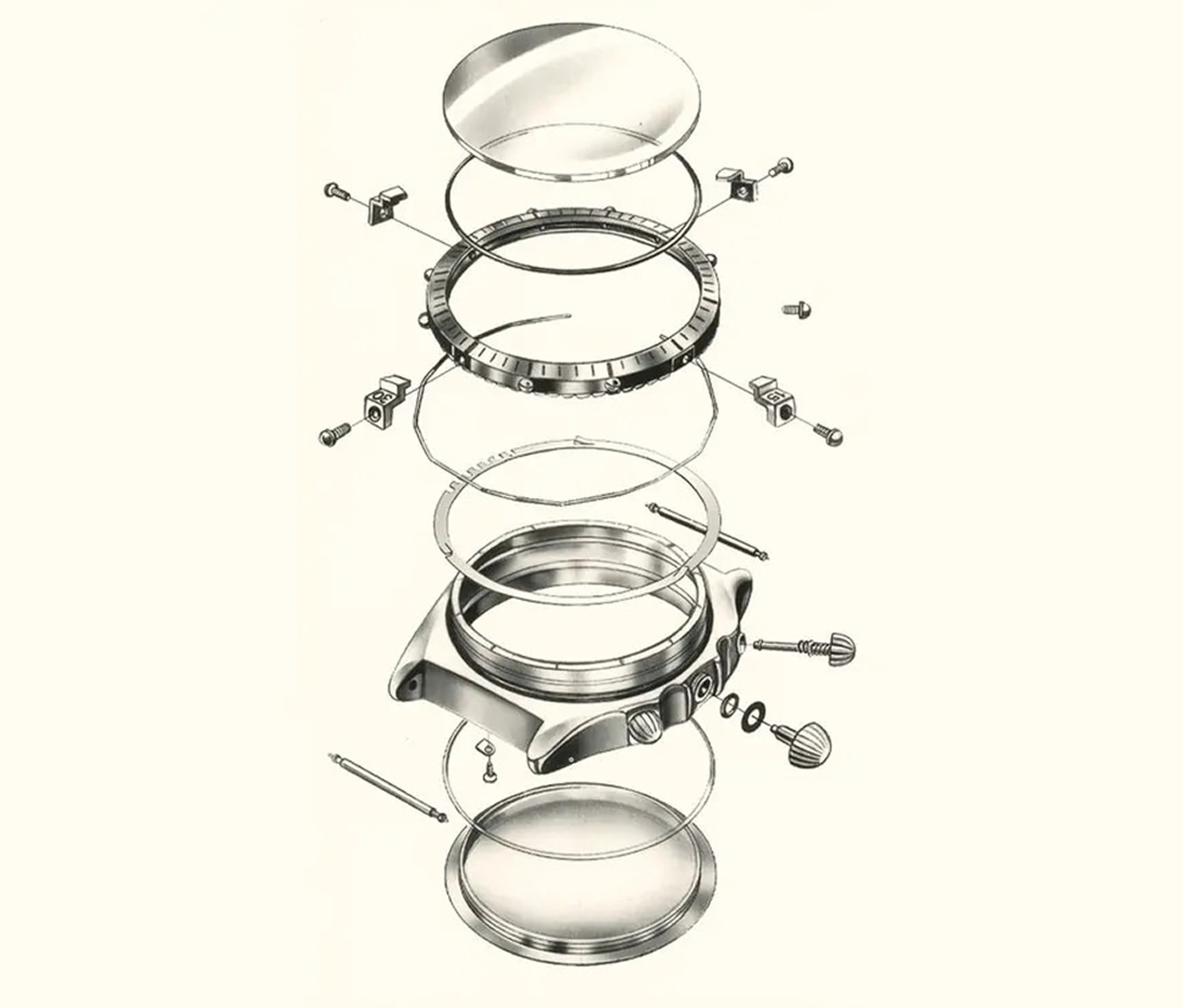 {generated} Vue éclatée des composants d’une montre mécanique Breitling révélant boîtier, lunette et verre dans un assemblage précis