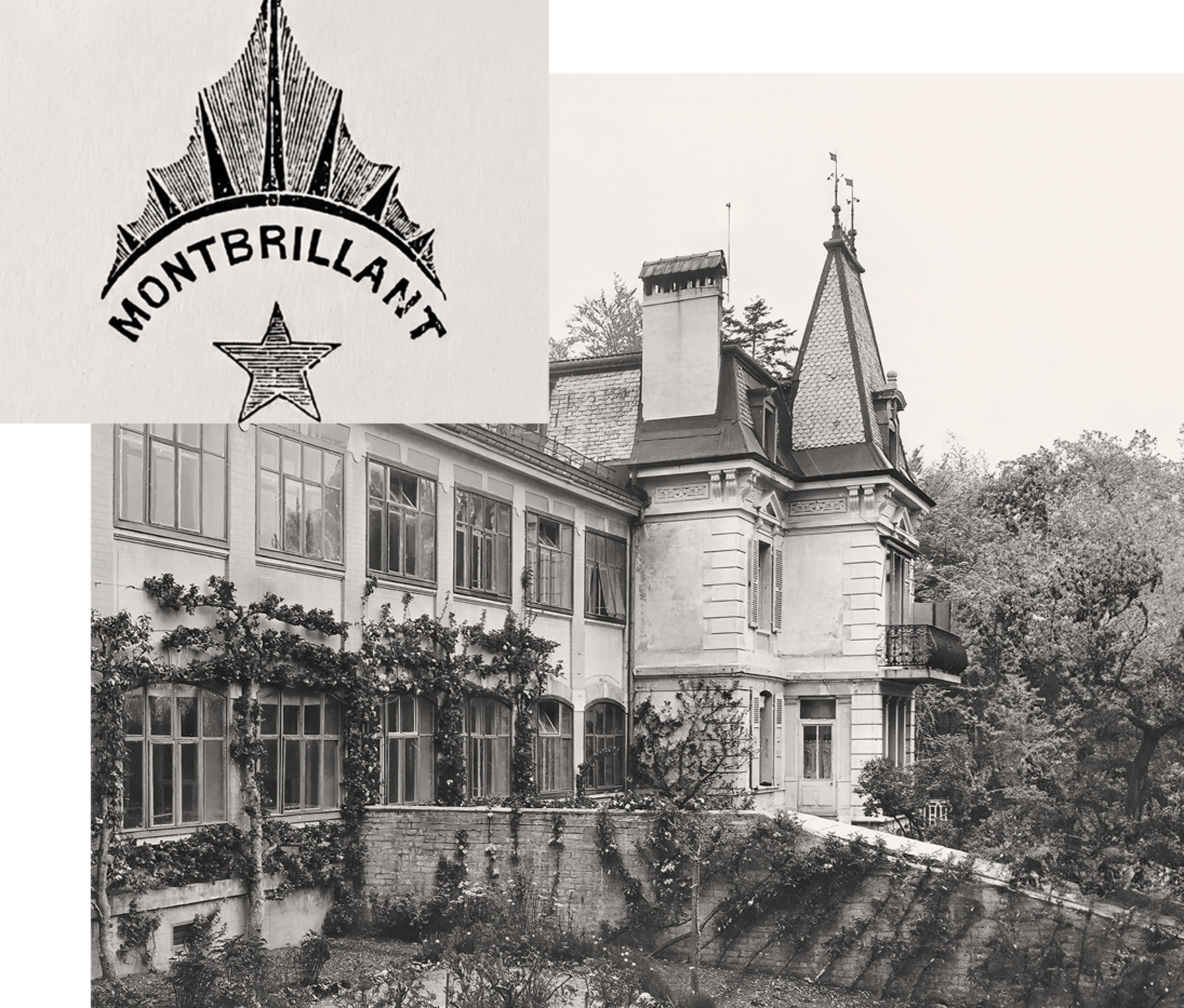 {generated} Historic Montbrillant building framed by trees with an archival crest, reflecting Breitling’s early workshop heritage.