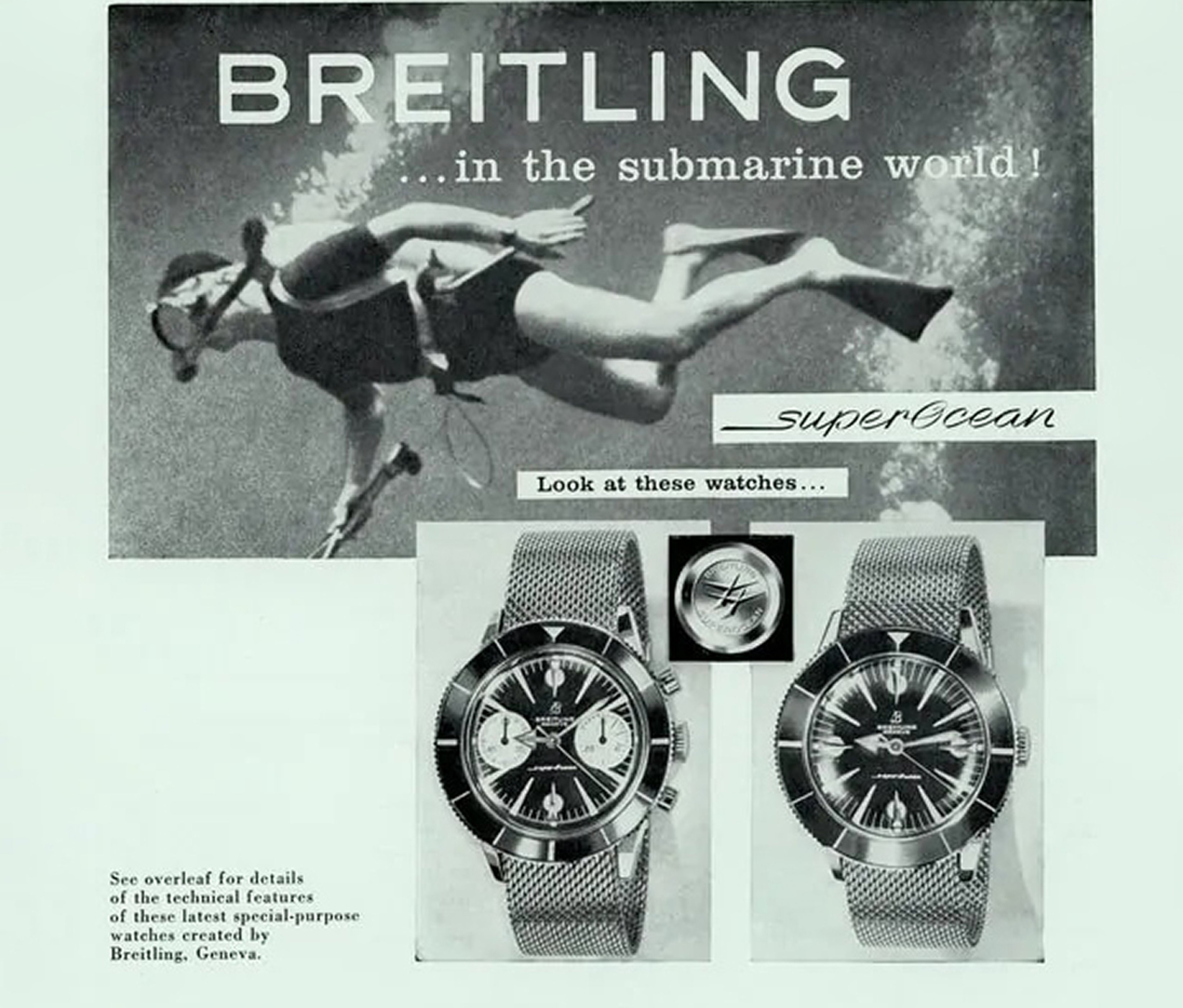 {generated} Layout vintage con un sub sopra due orologi subacquei Breitling SuperOcean presentati come prime innovazioni tecniche.