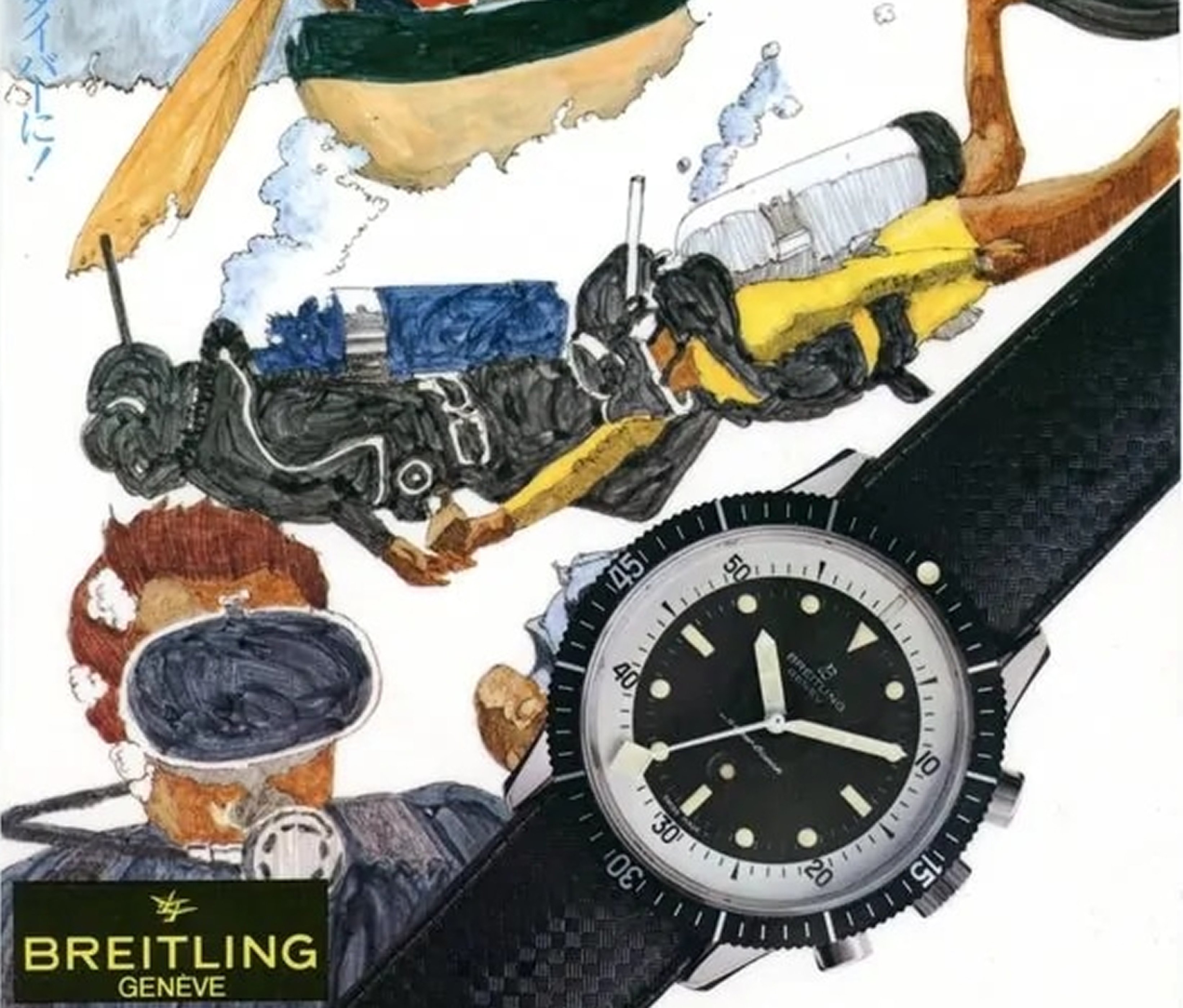{generated} Illustrazione vintage di sub attorno a un Breitling Slow-Motion Superocean che evidenzia il suo distintivo quadrante nero.