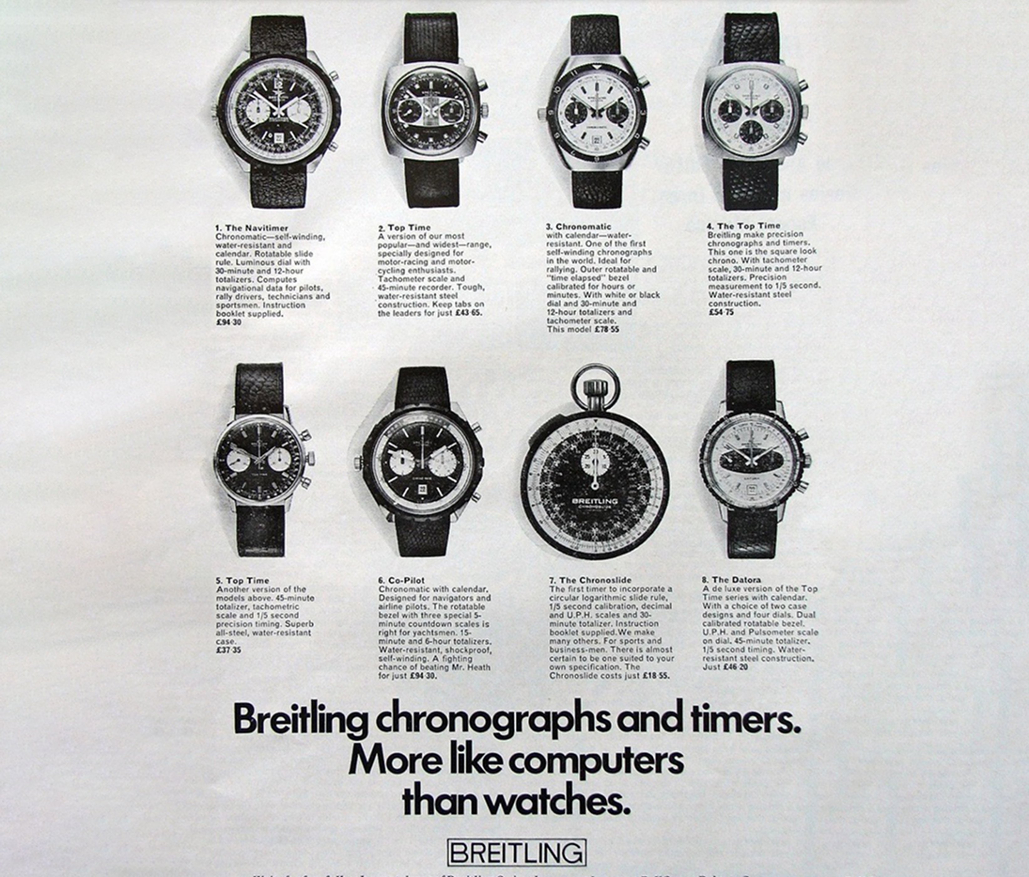 {generated} Vintage Breitling media layout presenting chronograph models, including the Automatic Co-Pilot, with detailed specs