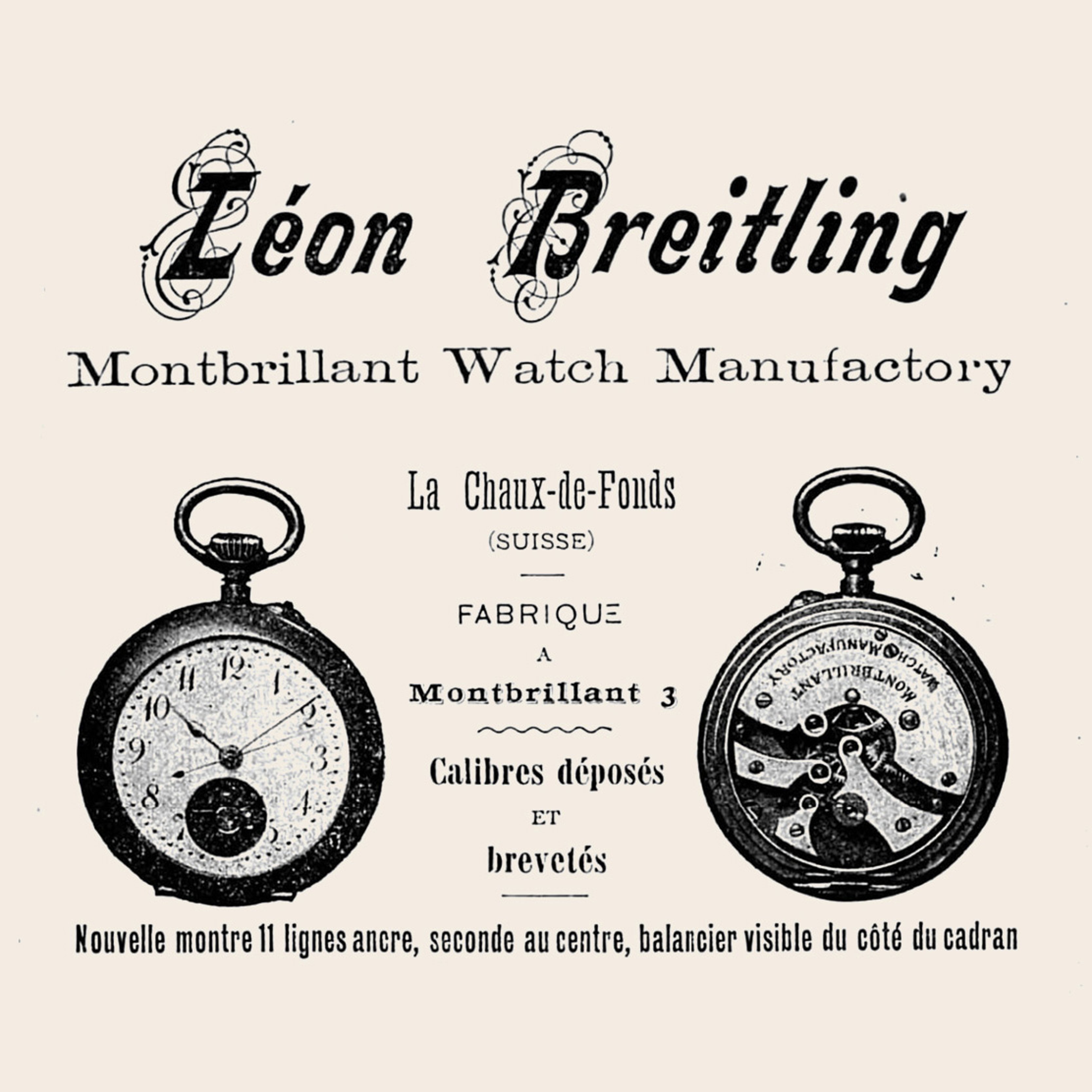 {generated} Vintage Léon Breitling advertisement showcasing early Montbrillant pocket watches with ornate dials and exposed movement