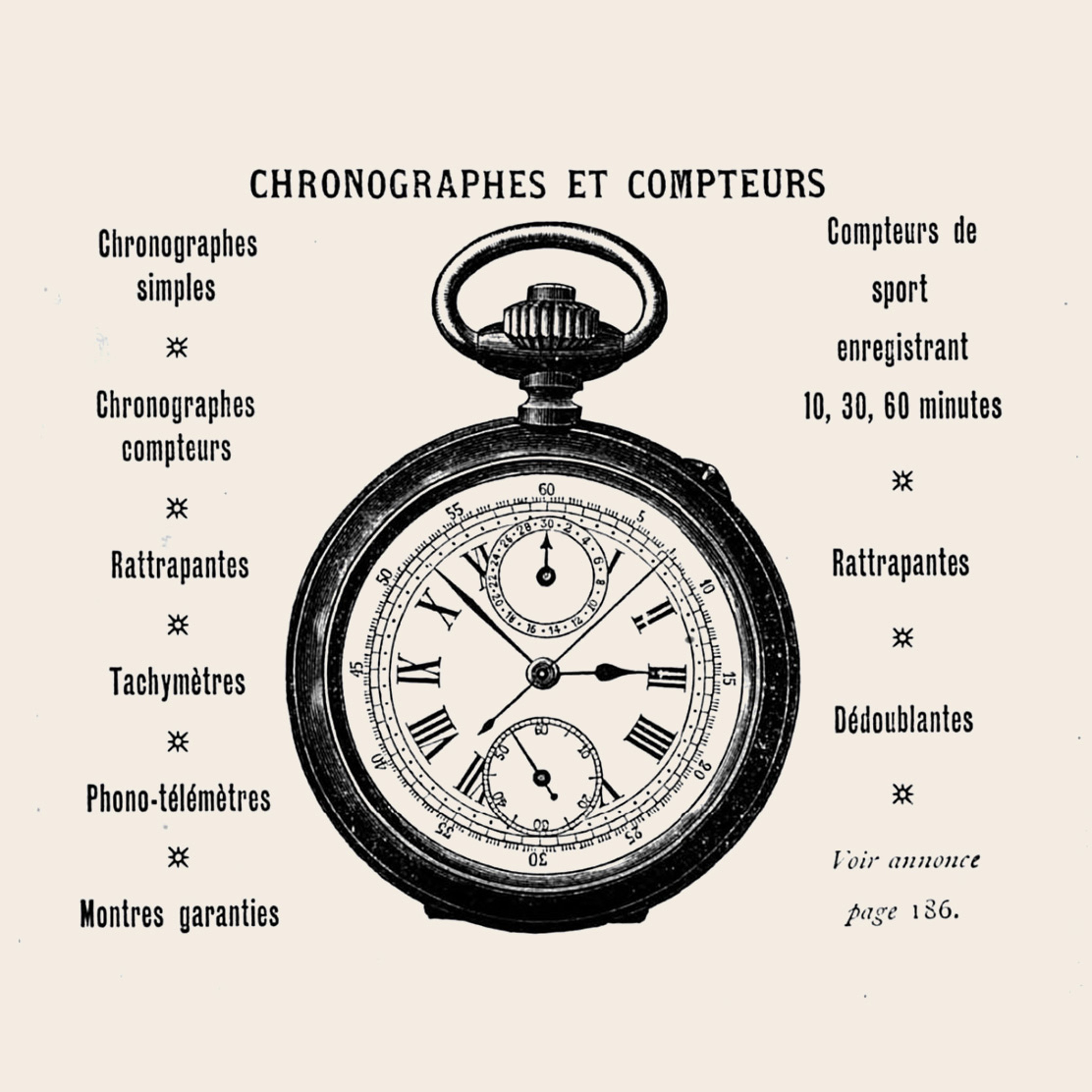 {generated} Vintage Breitling illustration showing an early chronograph pocket watch with detailed dials and French feature listings