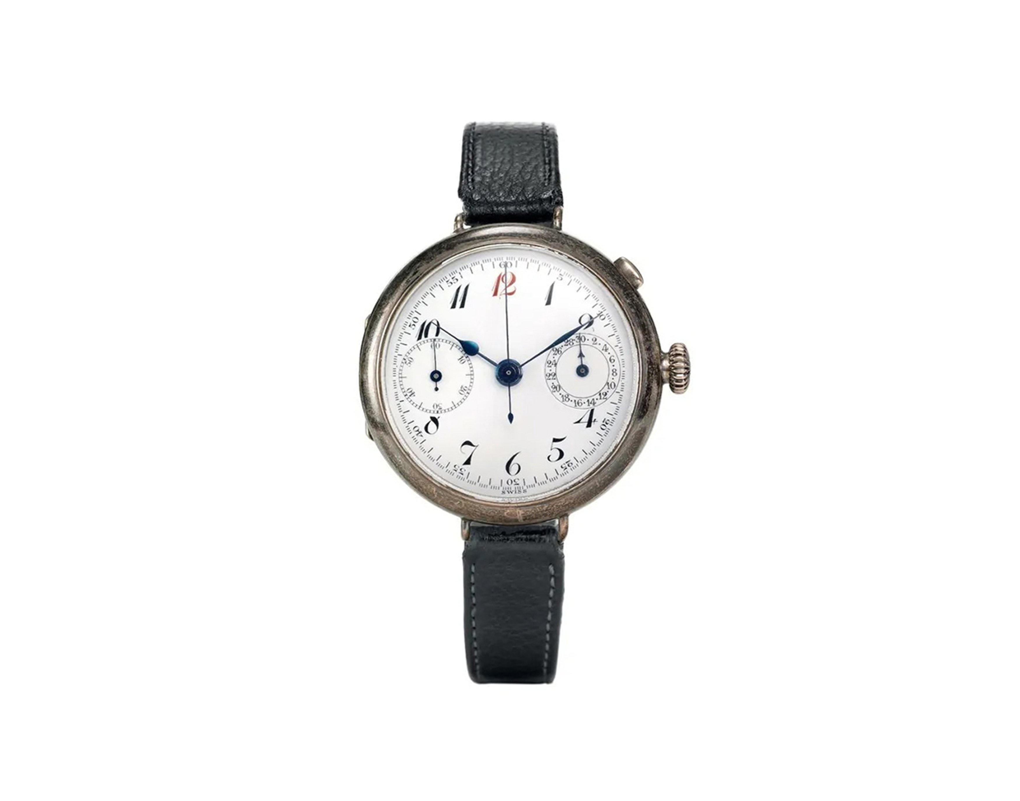 {generated} Breitling 1915 vintage chronograph with white dial, blue hands and a black leather strap shown against a clean backdrop